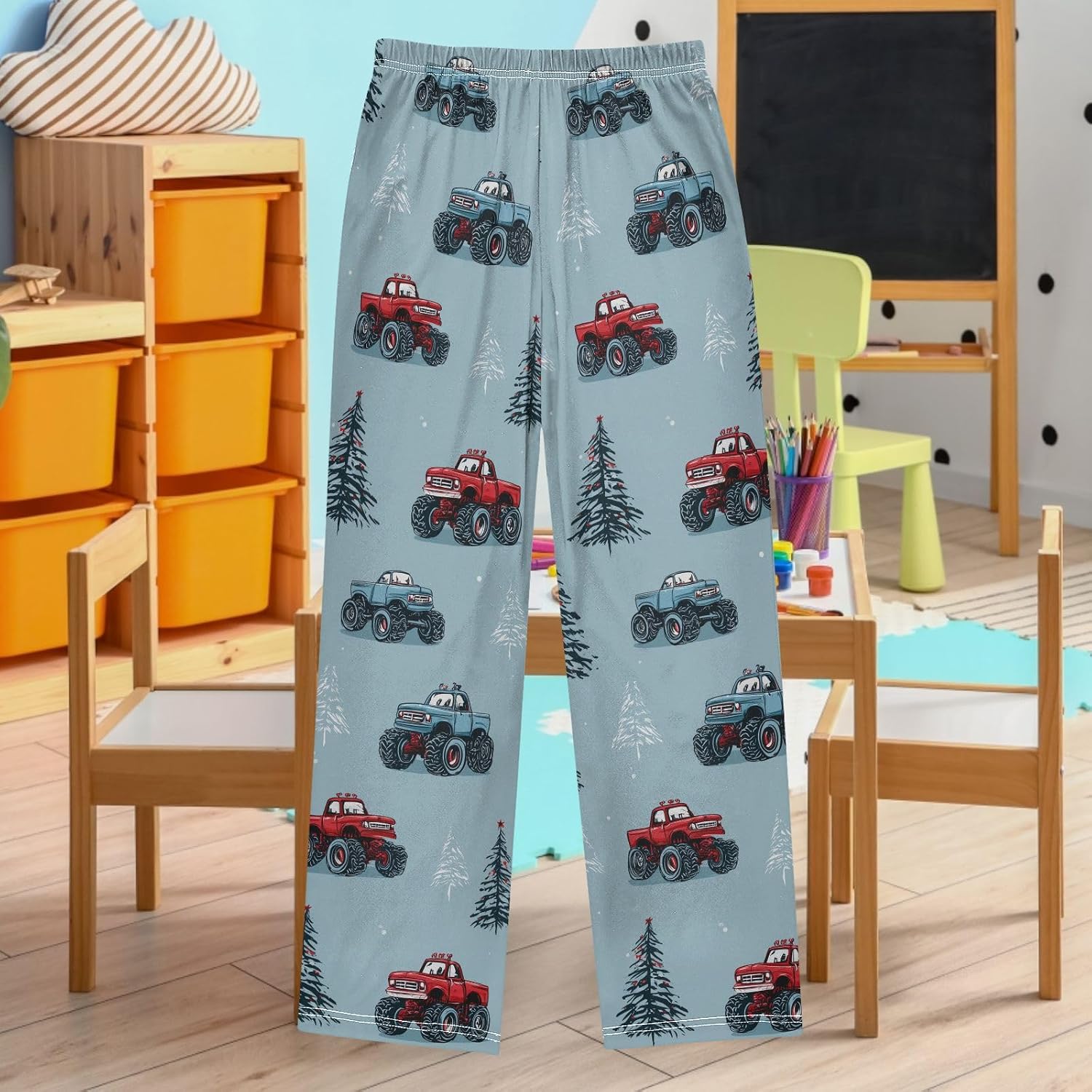 visesunny Boys' Pants Christmas Red Trucks Vintage Grey Jogger Pants Elastic Waist Long Bottoms Trousers with Pockets S-XL