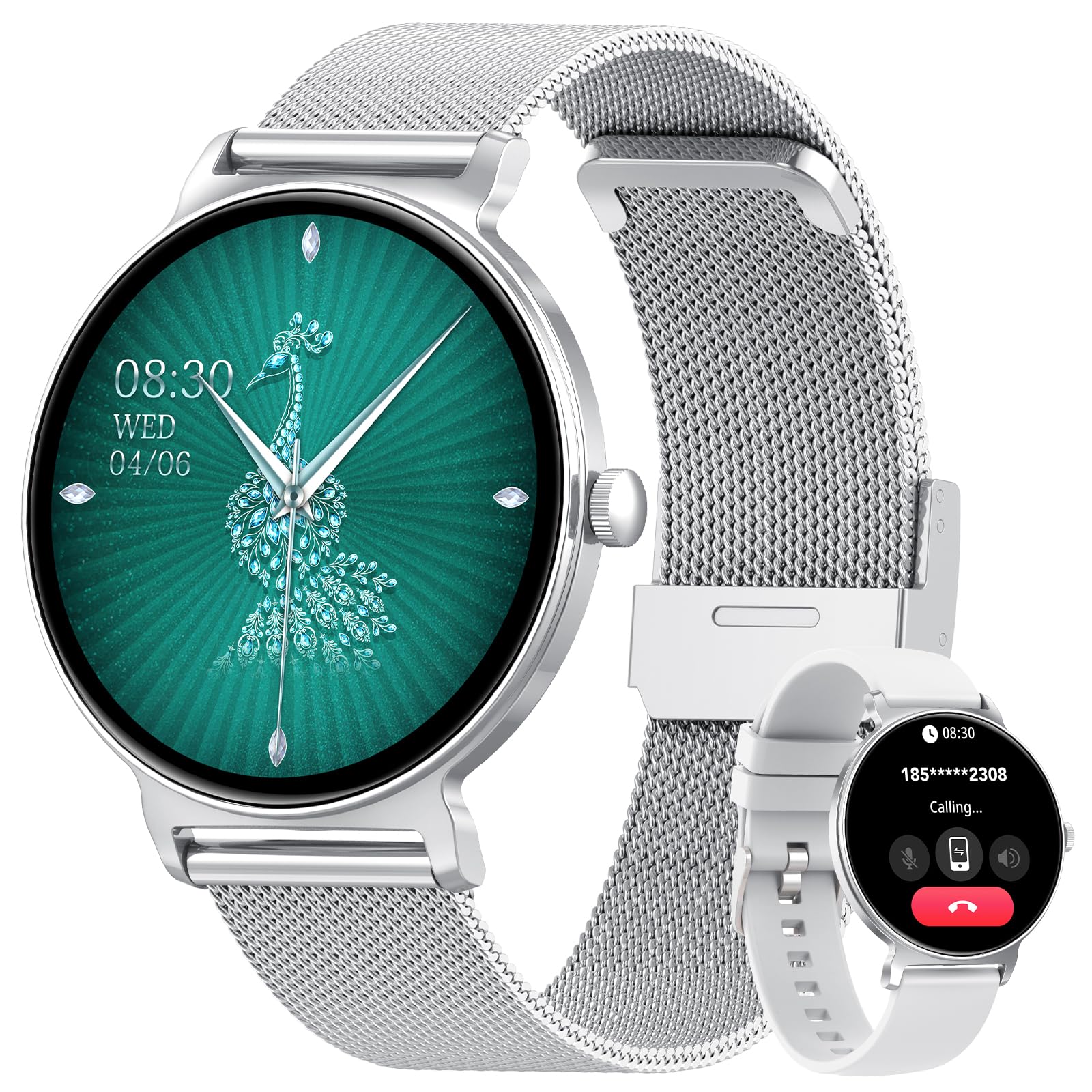 taopodo Smartwatch Damen Rund mit Herzfrequenz, IP68 Wasserdicht Fitness Tracker für iOS Android, Silber