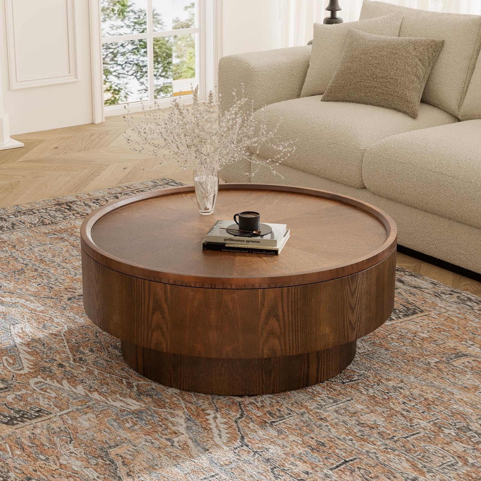 Rustic Drum Round Coffee Table Veneer with Hidden Storage Mid Century Modern Unique Drum Coffee Table with Sturdy Pedestal for Living Room Small Space Apartment (A)