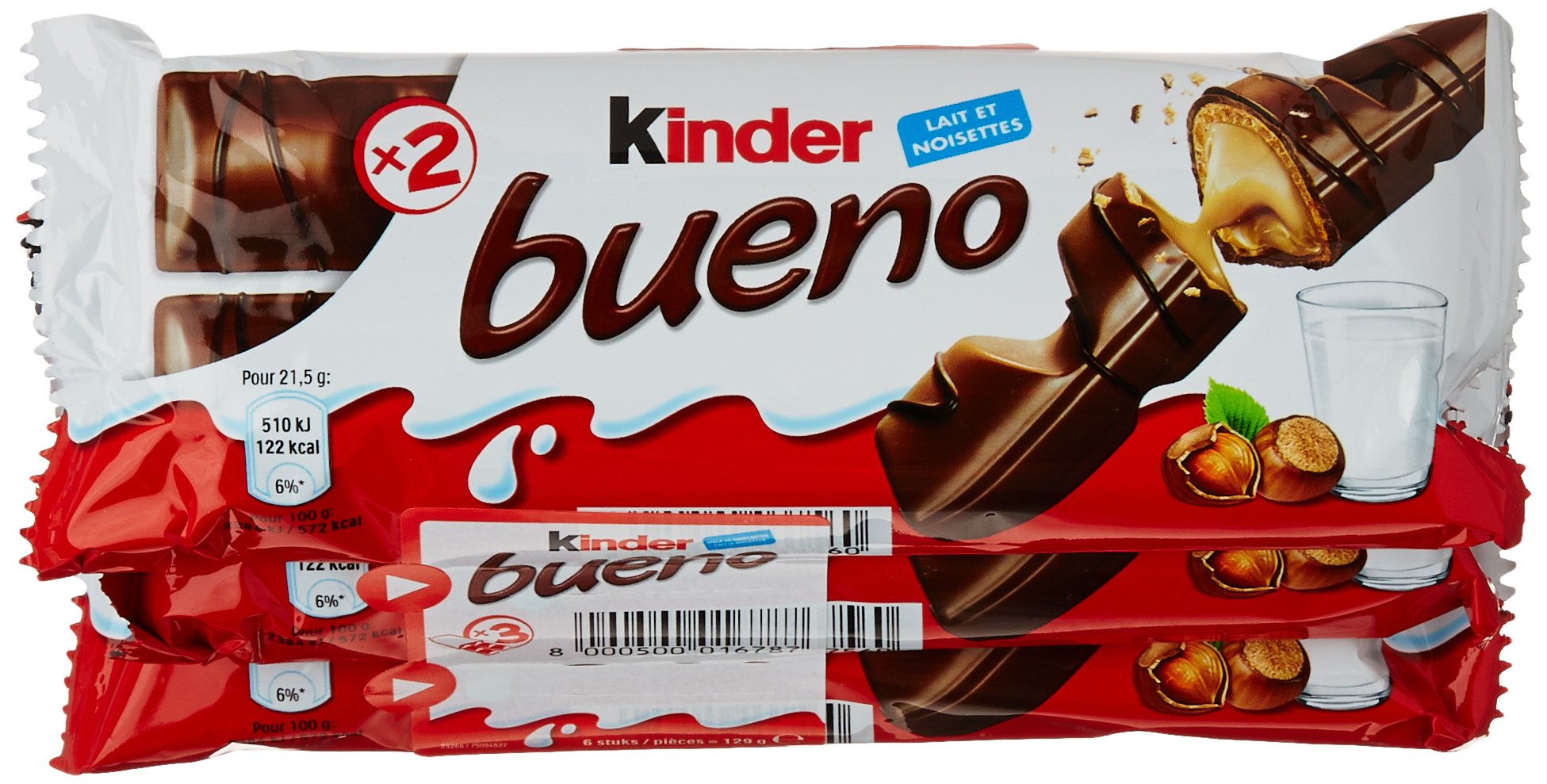 Kinder Bueno - Fine Gaufrette Enrobée de Chocolat au Lait avec un Coeur Lait et Noisettes - Goûter Fondant et Croustillant - Format à partager- 30 x 2 Barres (43g)