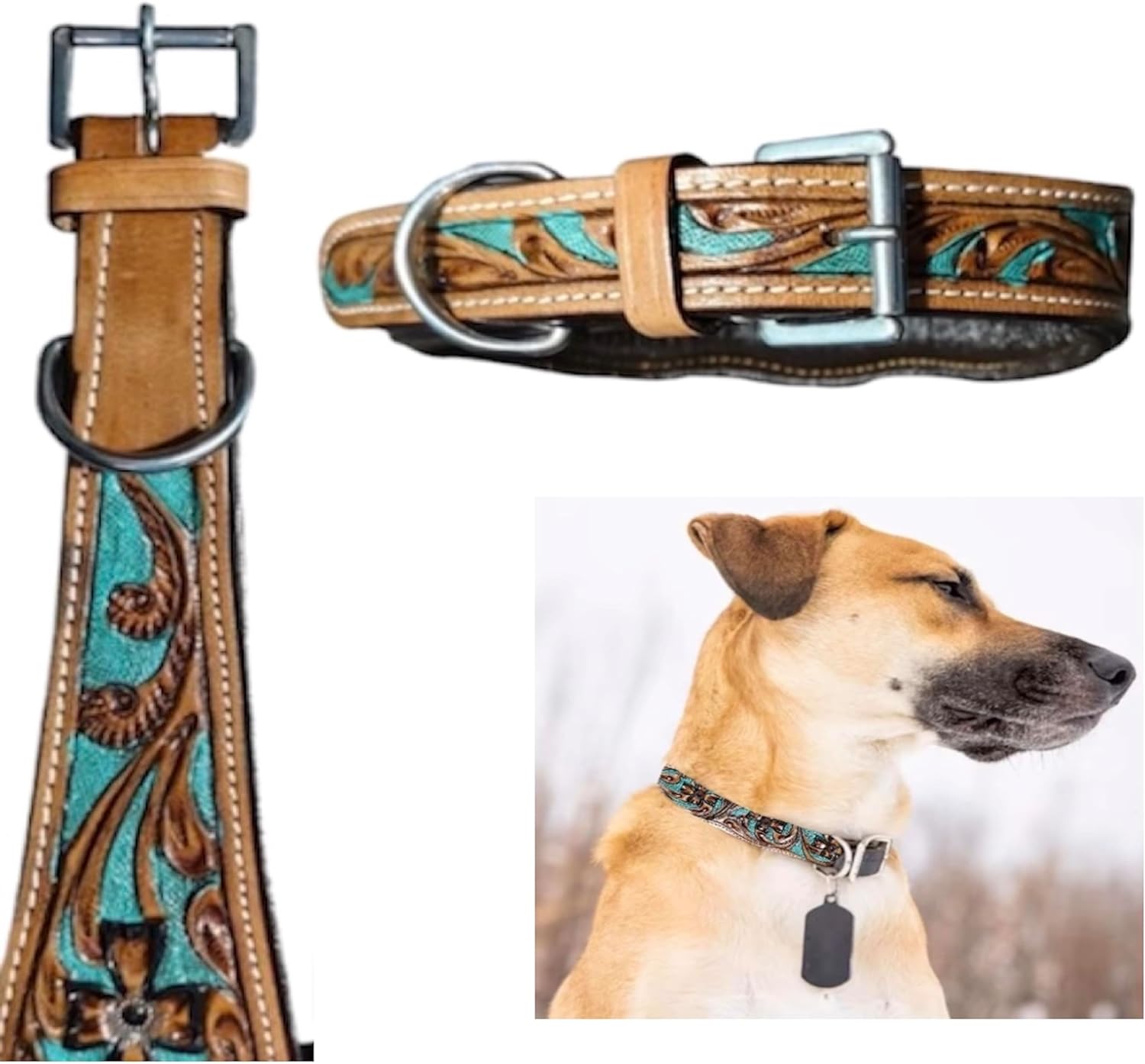 Majestic Ally Leather Dog Collar with Adjustable, Padded Fit for Walking, Hiking, and Running, Designer Western Wear for Puppies, Fancy Colors (Turquoise - Natural, Large)
