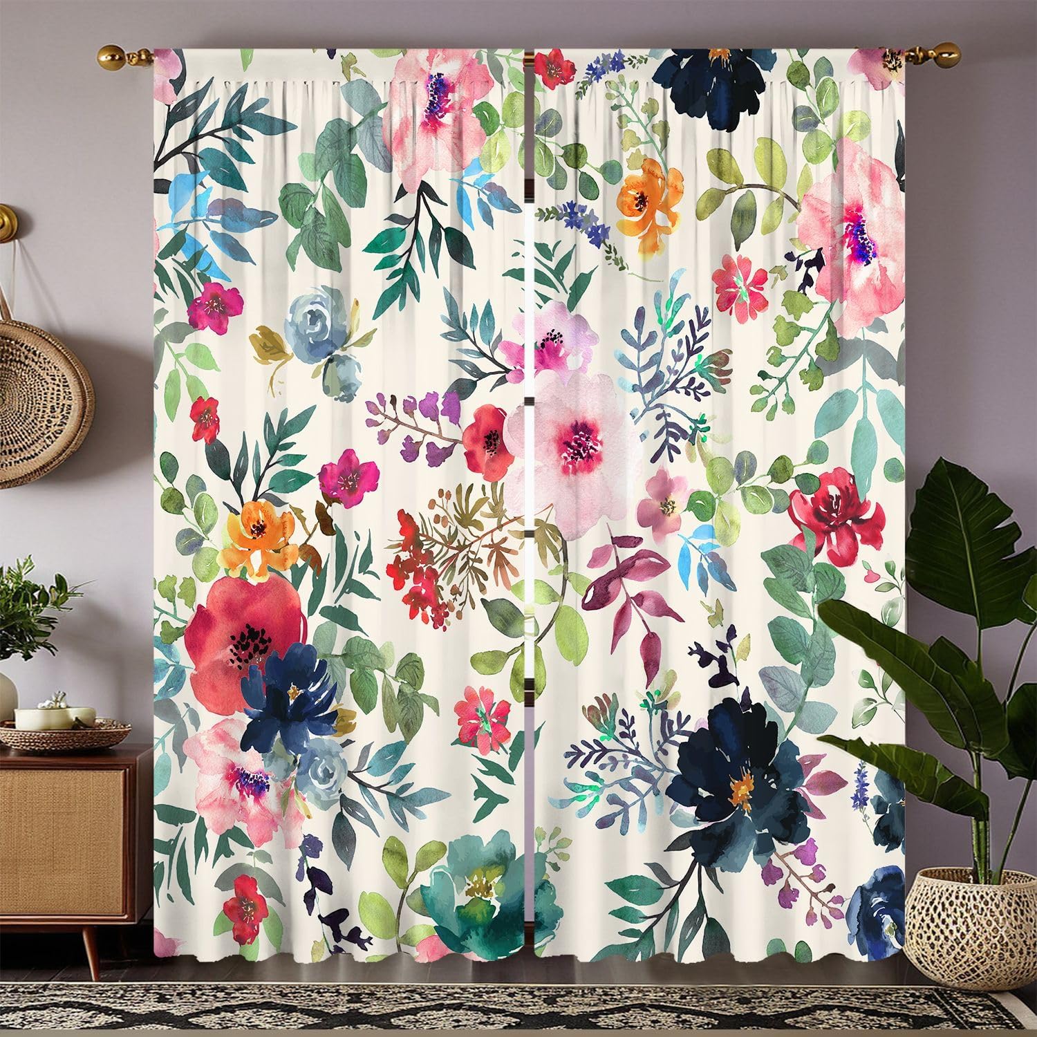 Colorful Floral Kitchen Curtains, Watercolor Summer Spring Wild Flower Drapes, Botanical Window Panels for Nursery Dining Room Living Room, 2 Panel Sets, 31.5x72 Inch