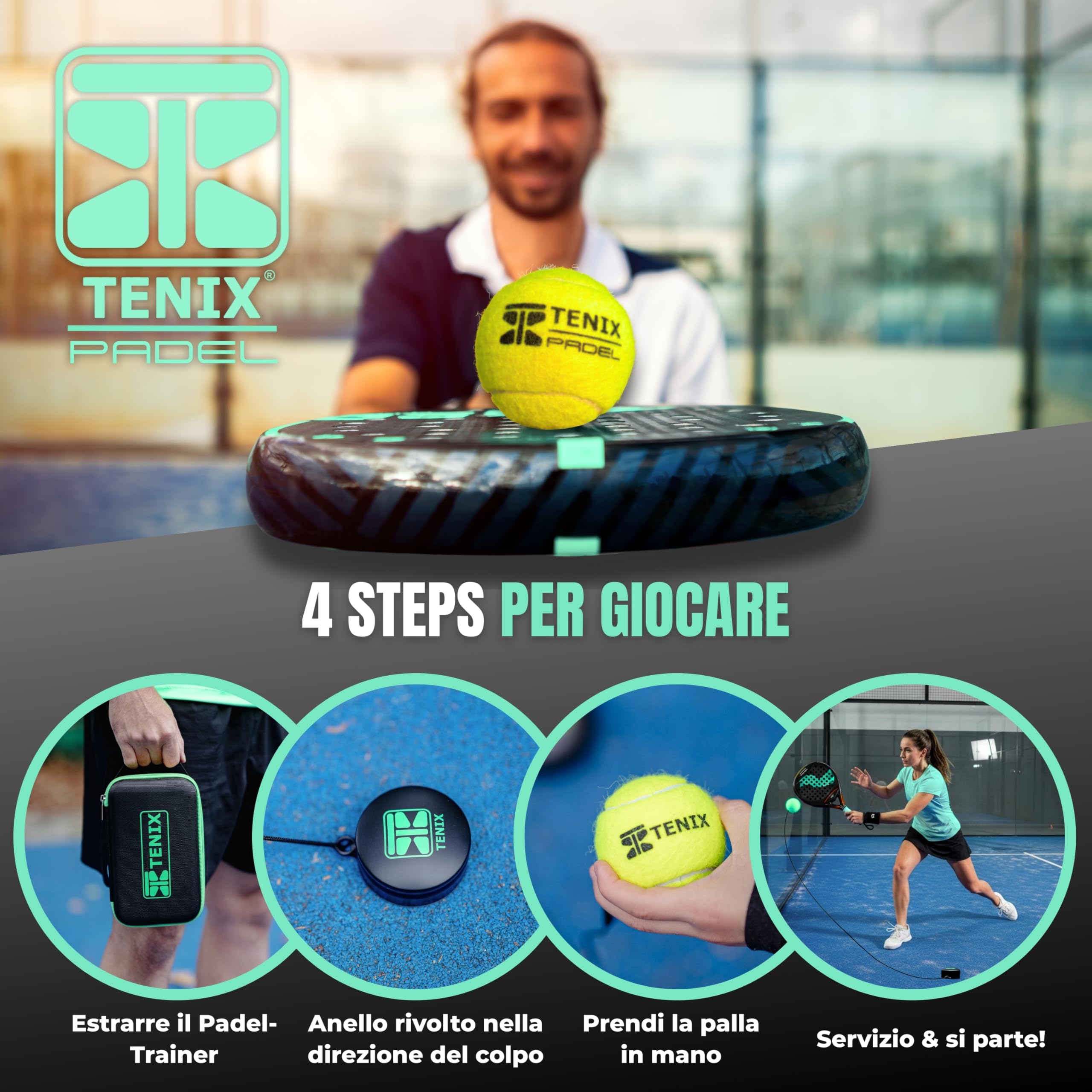 TENIX® Padel Trainer in Acciaio Inox [Non Serve riempirlo d'aqua] Allenamento Padel da Solo per Uomo e Donna | Gioca in Giardino, al Parco o sul Campo | Regalo Divertente per Amanti del Padel!