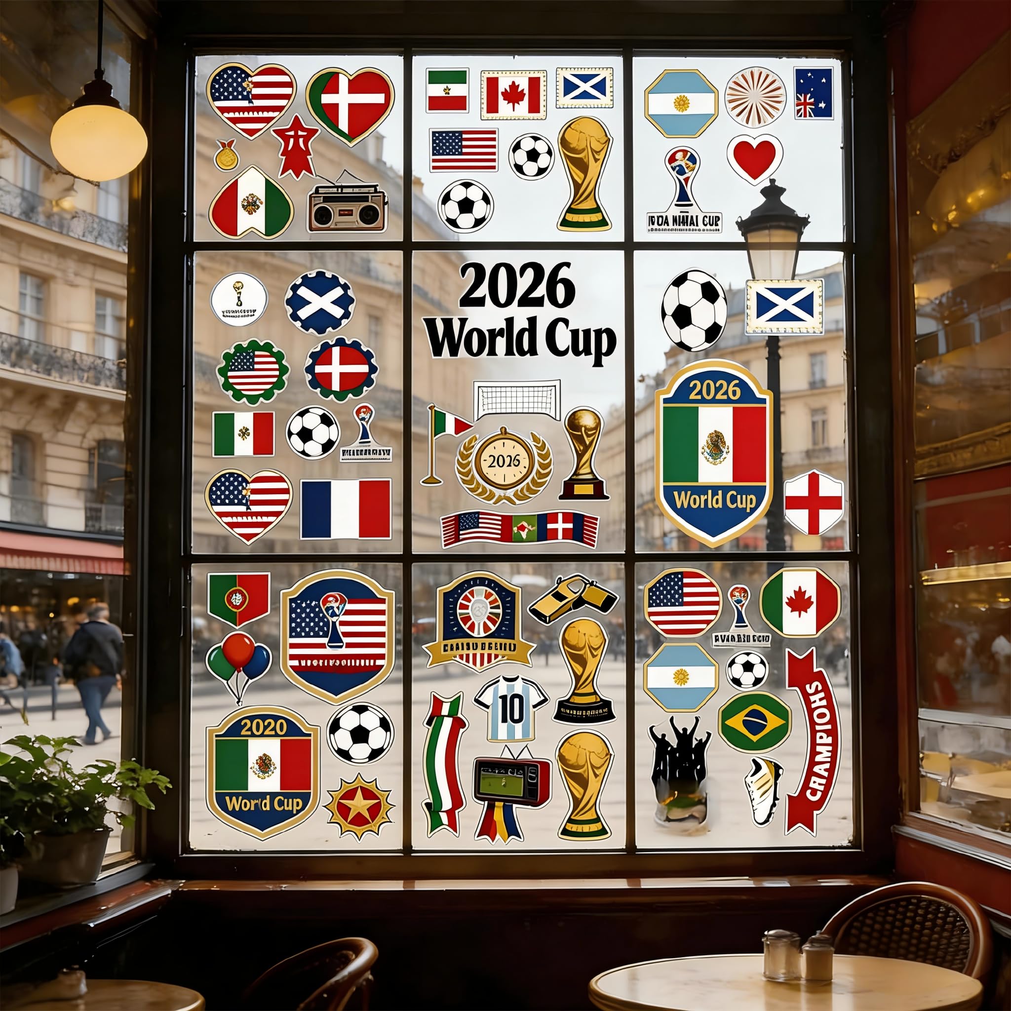 World Cup Football 2026 Window Stickers 9 Sheets 69 Pieces โ World Cup Football Party Window Decorations, Double Sided Printed Removable Reusable Clings for Home Office Car Pub Party Decor