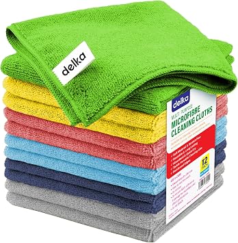 delka Microfibre Cleaning Cloths  Multi-Purpose, Ultra Soft & Lint-Free  Reusable, Streak-Free for Kitchen, Car, Glass, Windows & Electronics Assorted, 12 Pack
