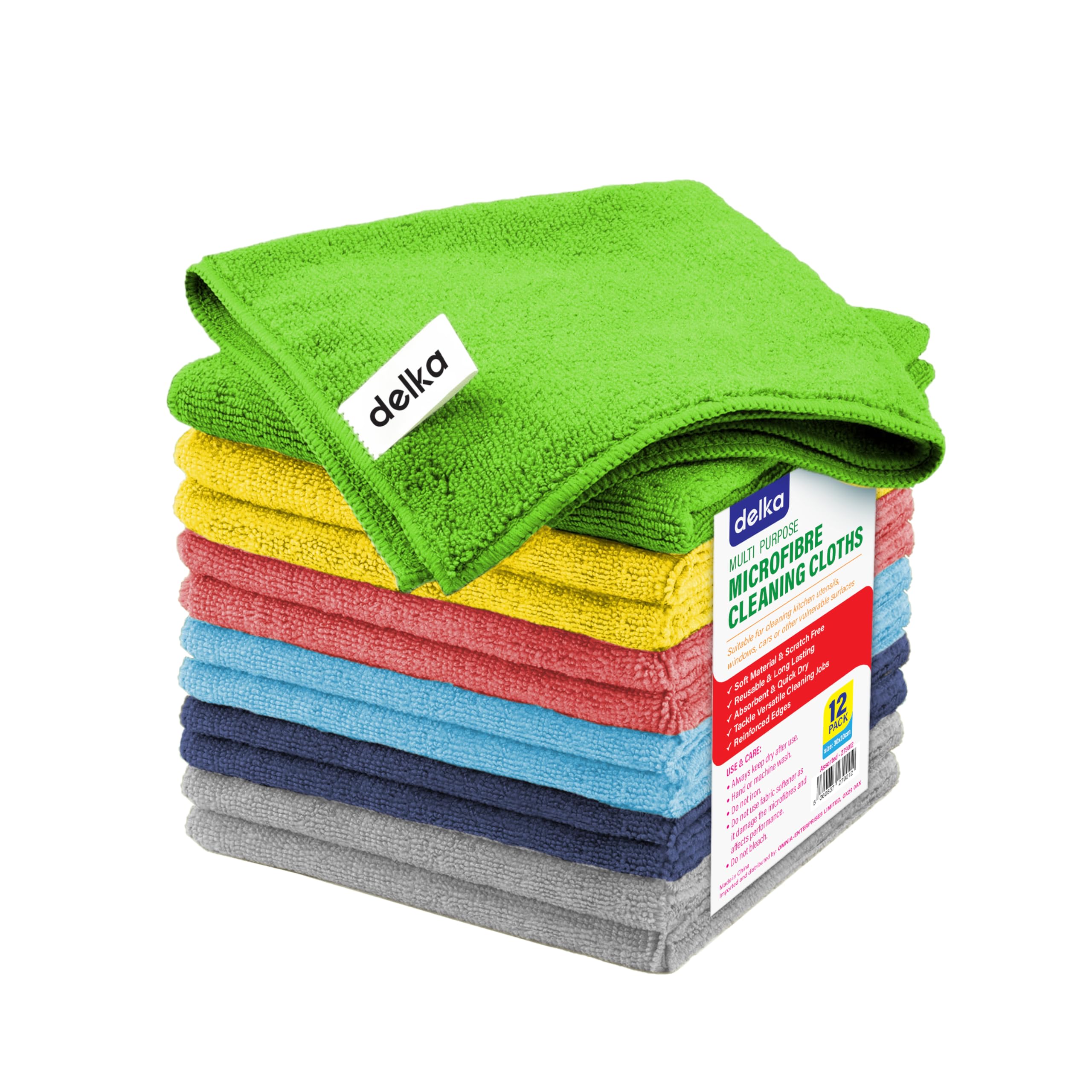 delka Microfibre Cleaning Cloths –Multi-Purpose, Ultra Soft & Lint-Free –Reusable, Streak-Free for Kitchen, Car, Glass, Windows & Electronics (Assorted, 12 Pack)