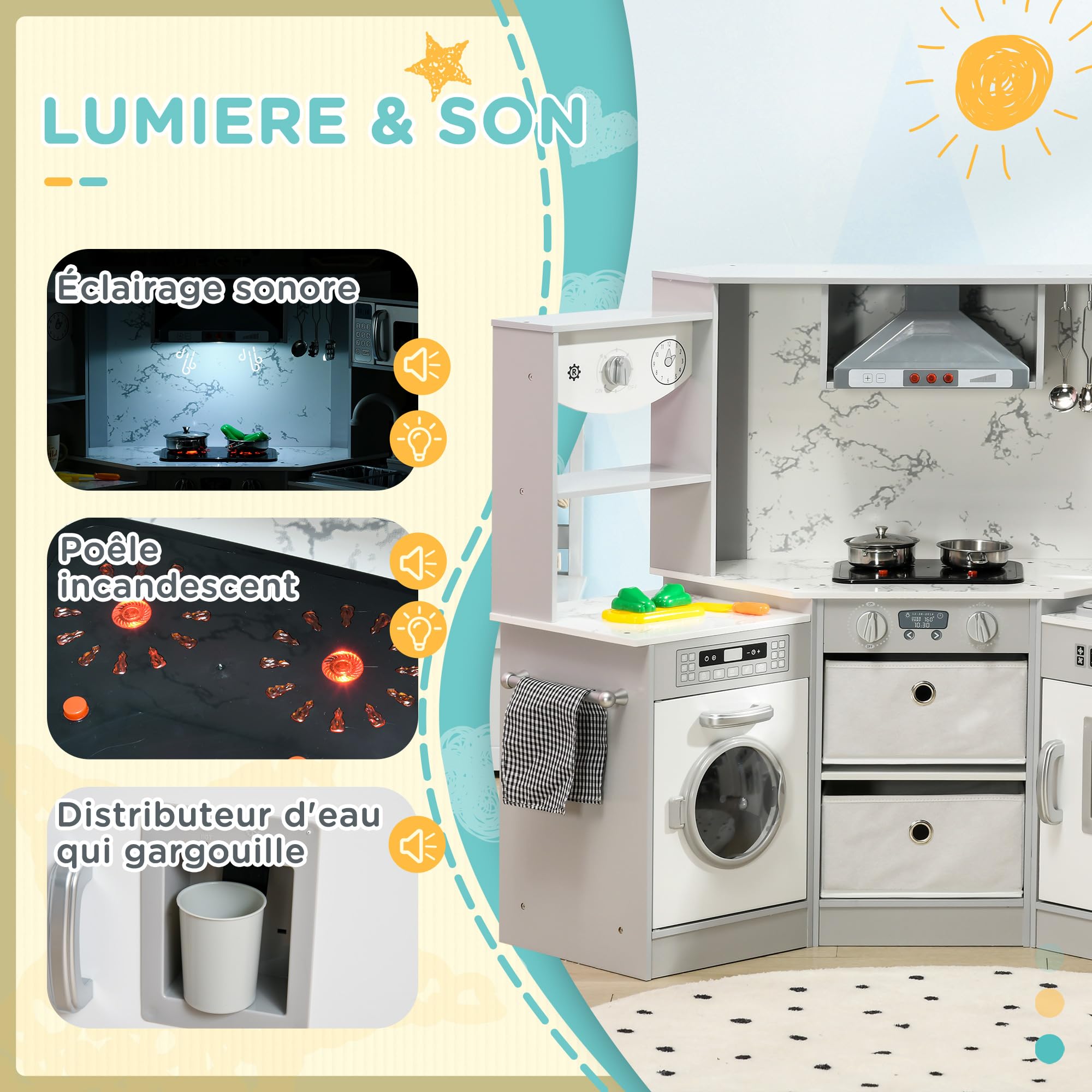 AIYAPLAY Cuisine Enfant en Bois Jouet d'Imitation Coin 3-6 Ans Gris Blanc