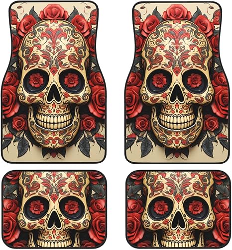 Car Floor Mats 4 Piece Universal Car Floor Mats Red Rose Sugar Skull Car Mat Set Floor Mats for Car Non-Slip Car Foot Pad Car Carpet Car Liner Decor Heel Pad for SUV Most Vehicles