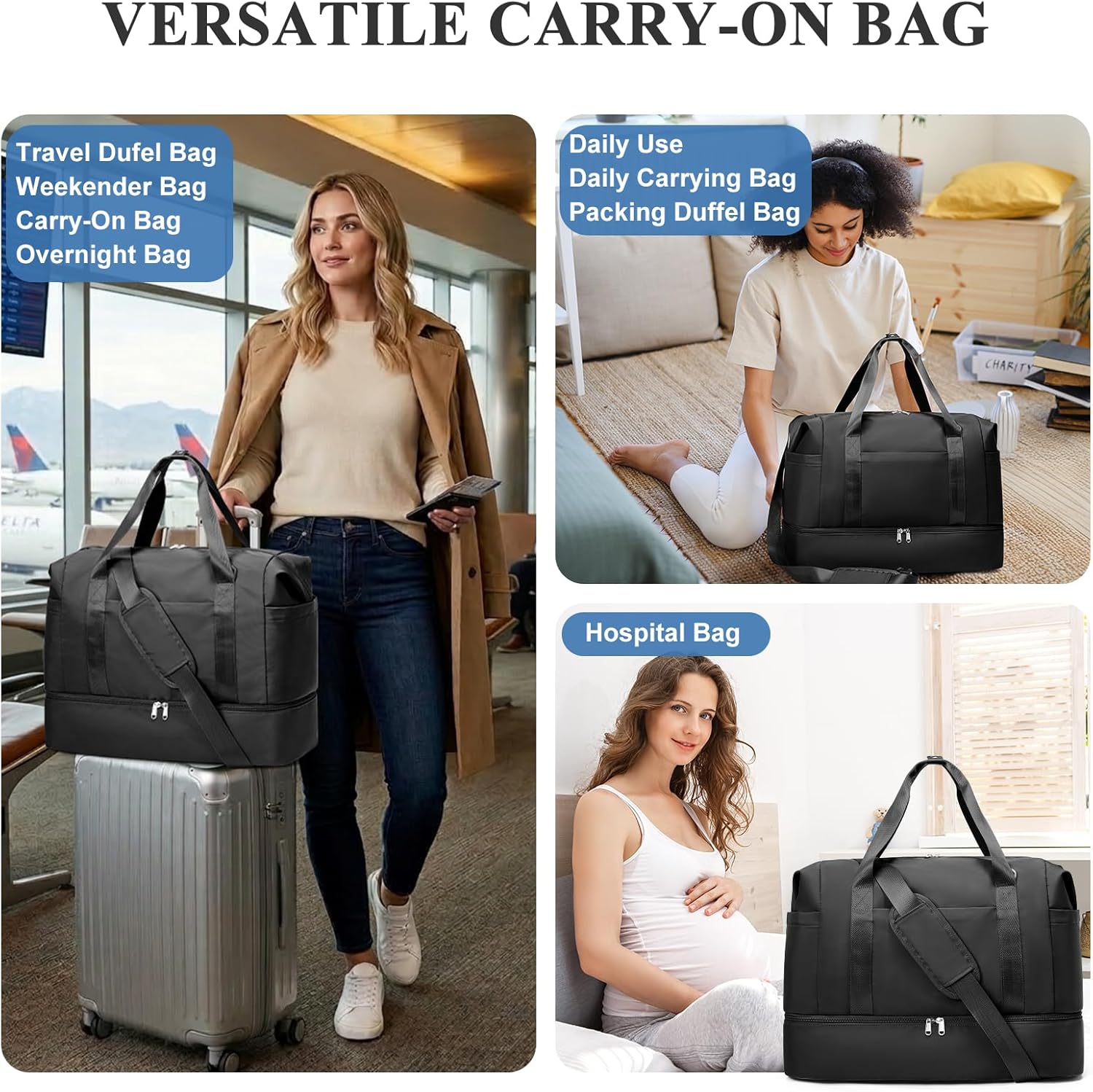 HYC00 Travel Duffel Bag, Weekender Bags for Women with Shoe Compartment & Wet Pocket, Large Carry-on Overnight Bag for Hospital, Gym, Travel