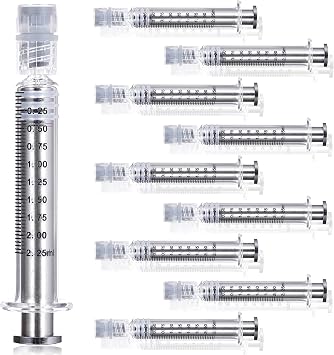 2.25ml ホウケイ酸ガラスシリンジ シルバーメタルプランジャー付き | 10個パック | 漏れ防止ルアーロックシリンジ 針なし | 液体、接着剤、油用の正確な測定シリンジ、ホウケイ酸ガラスチューブ付き