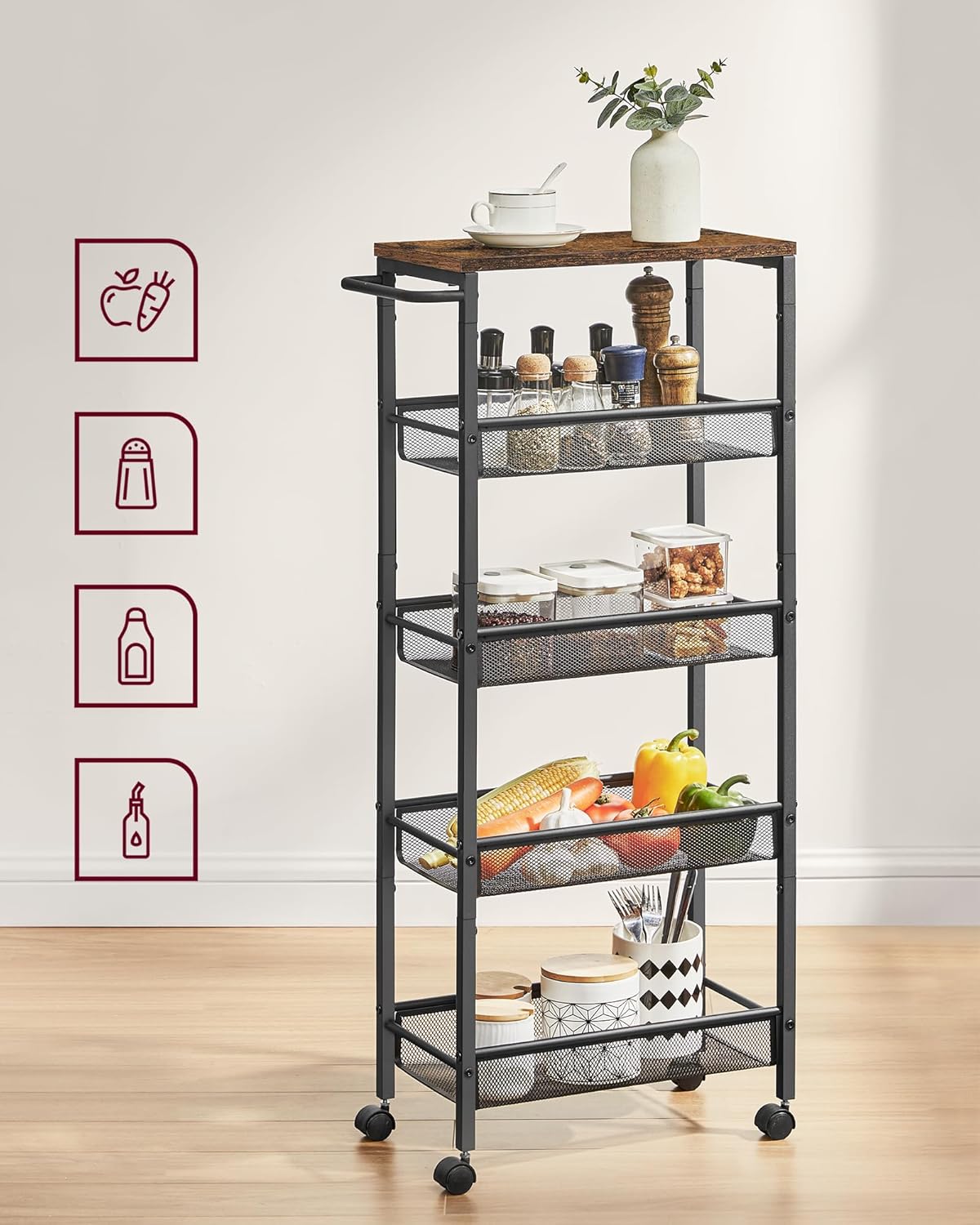 Close-up of the mesh shelves on the VASAGLE kitchen cart, showing items stored