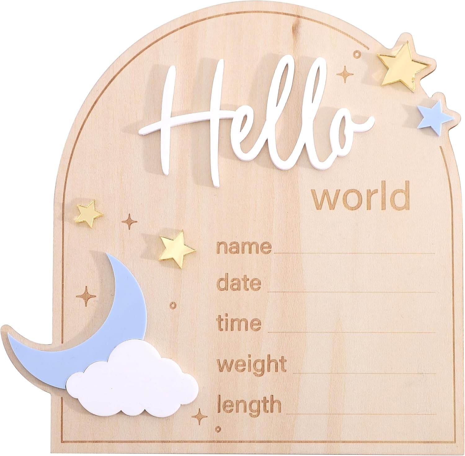 Moon And Stars Hello World Birth Announcement Sign - Wooden Hello World Newborn Decoration, With Star Moon Cloud Design, Birth Stats Keepsake Sign, Newborn Birth Announcement Board