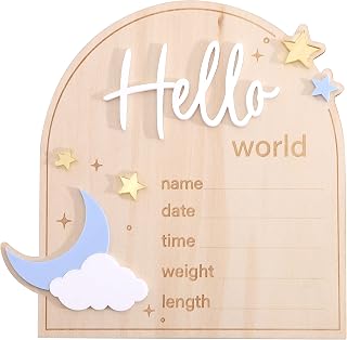 Moon And Stars Hello World Birth Announcement Sign - Wooden Hello World Newborn Decoration, With Star Moon Cloud Design, Birth Stats Keepsake Sign, Newborn Birth Announcement Board