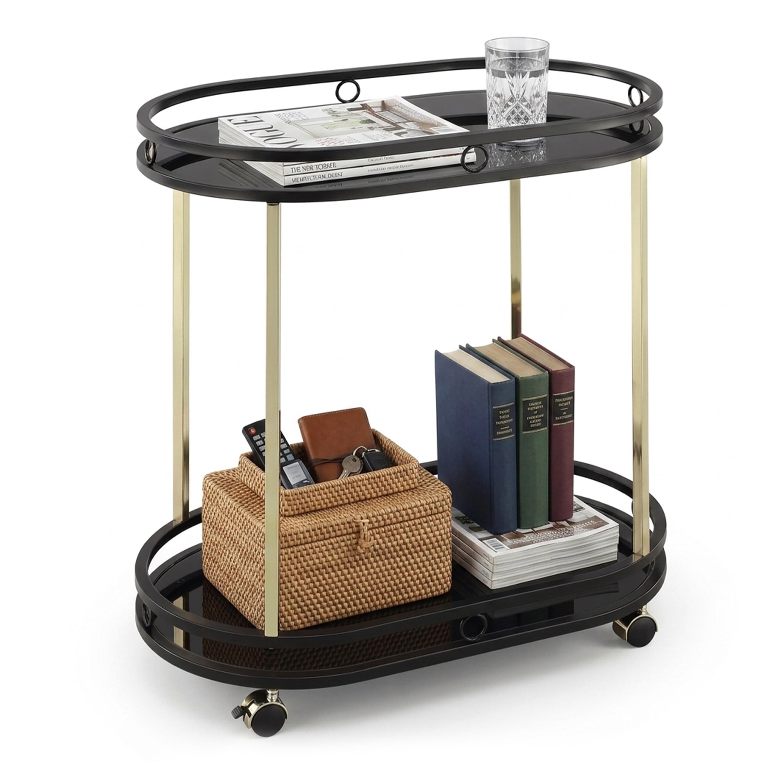 Relaxdays Carrito de Servicio, 2 bandejas, Cristal y Metal, Negro/Dorado | (Alto x Ancho x Fondo): 77,5 x 72 x 42 cm, carrito de cocina con 4 ruedas
