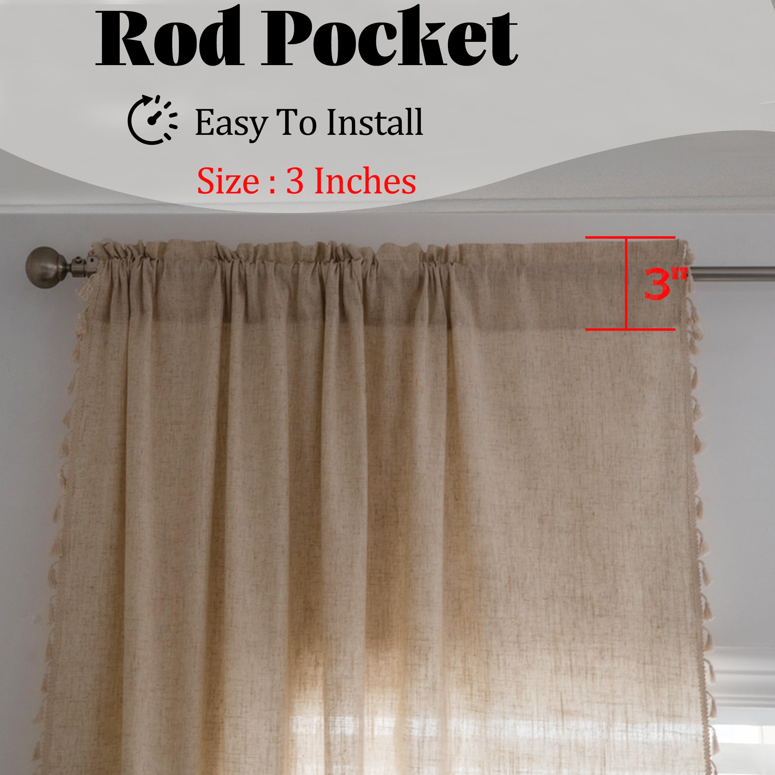 Sutuo Home - Rideau bohème semi-occultant avec pompons faits à la main et passe-tringle, à motif de jute texturé et chic - pour salon - 1 panneau de 150 x 274 cm (l x L) (aspect lin naturel)