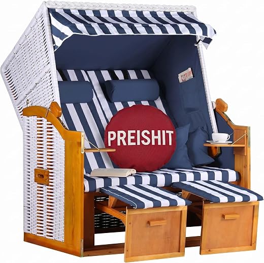 MR. DEKO® Strandkorb Ostsee Volllieger 2-Sitzer | PE Geflecht Weiß Bezug Uni blau | inkl. 4 Kissen & Klapptisch | Strandstuhl verstellbar | Strandkörbe aus Hartholz mit...