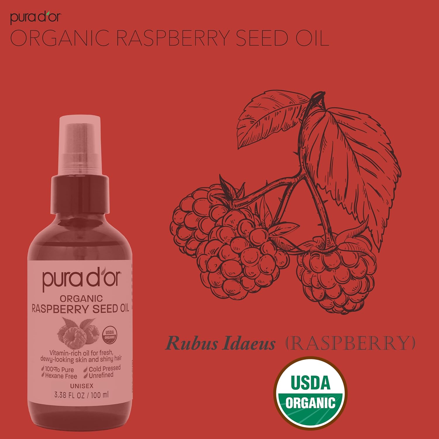 PURA D'OR 3.38 Oz ORGANIC Raspberry Seed Oil - 100% Pure USDA Certified, Cold Pressed Unrefined, Hexane-Free, Premium Grade - Sun Protection For Skin, Body & Hair - Image 4