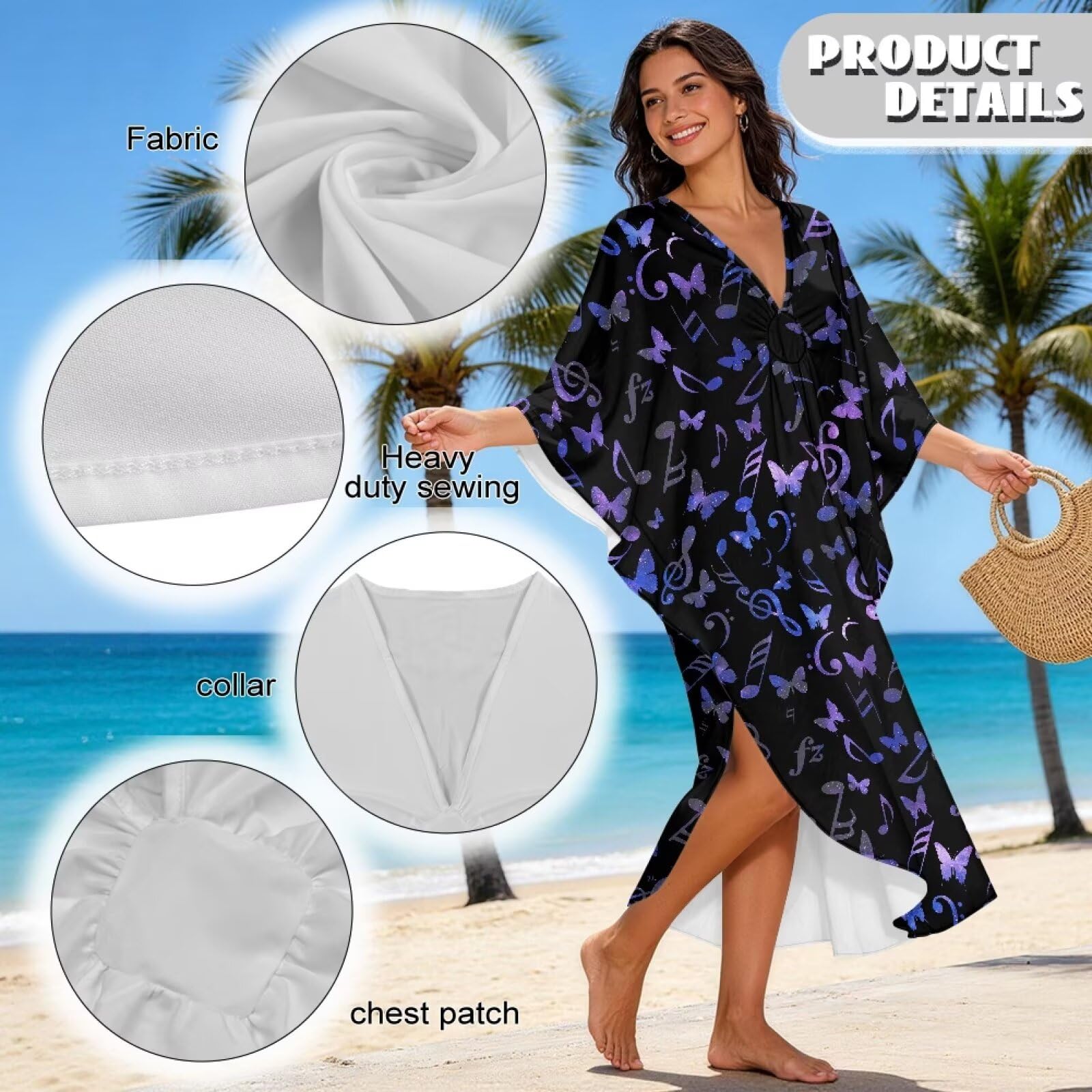 Xoenoiee Damska sukienka kaftan plus size dekolt w serek rękaw nietoperz okrycie plażowe okrycie kąpielowe okrycie letnie kaftany