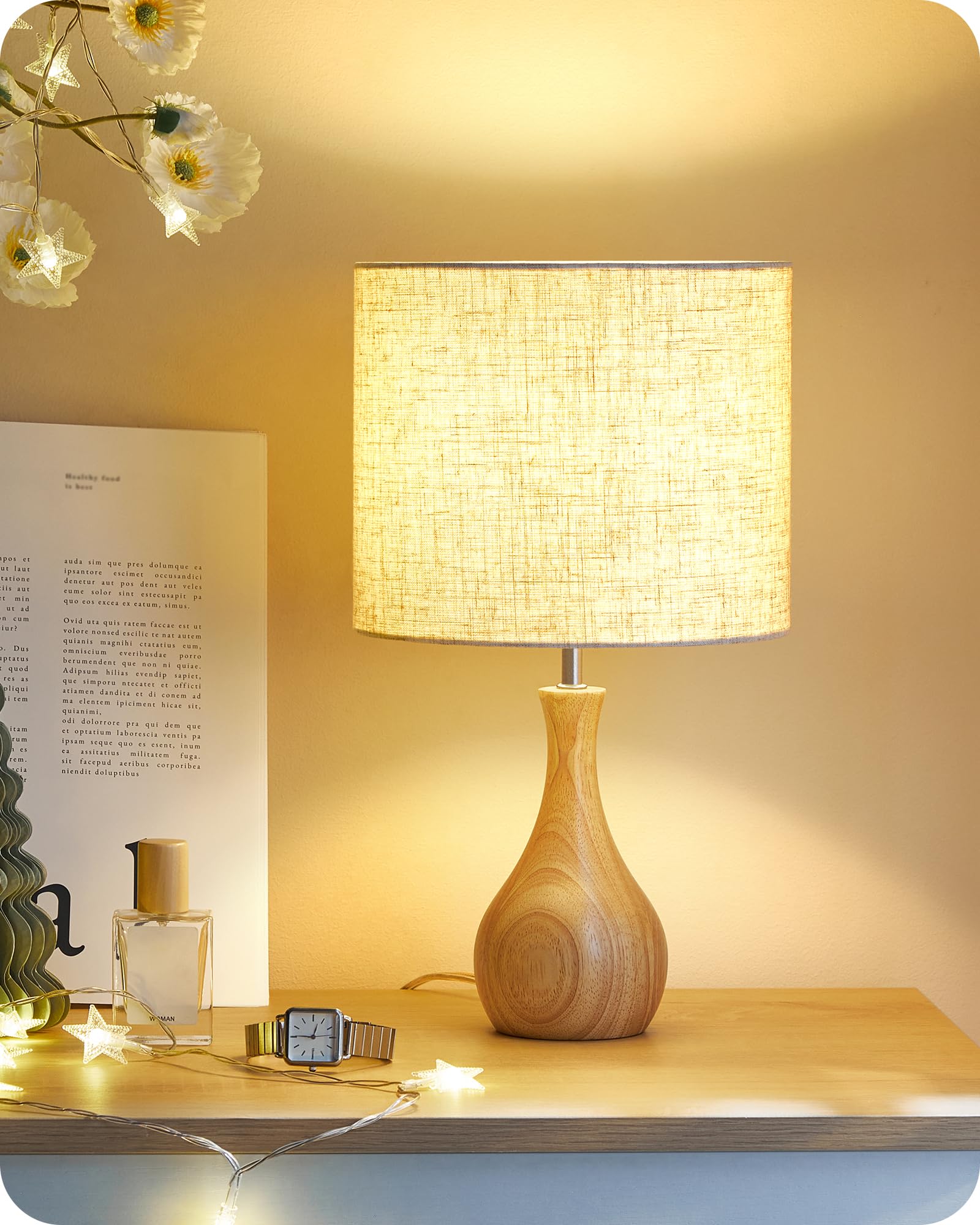 Lampada da comodino in legno, moderna lampada da tavolo per soggiorno, beige | Lampada da tavolo con cavo, lampada da davanzale in lino, E27, 2700 K, per camera da letto, comodino, regalo, hotel