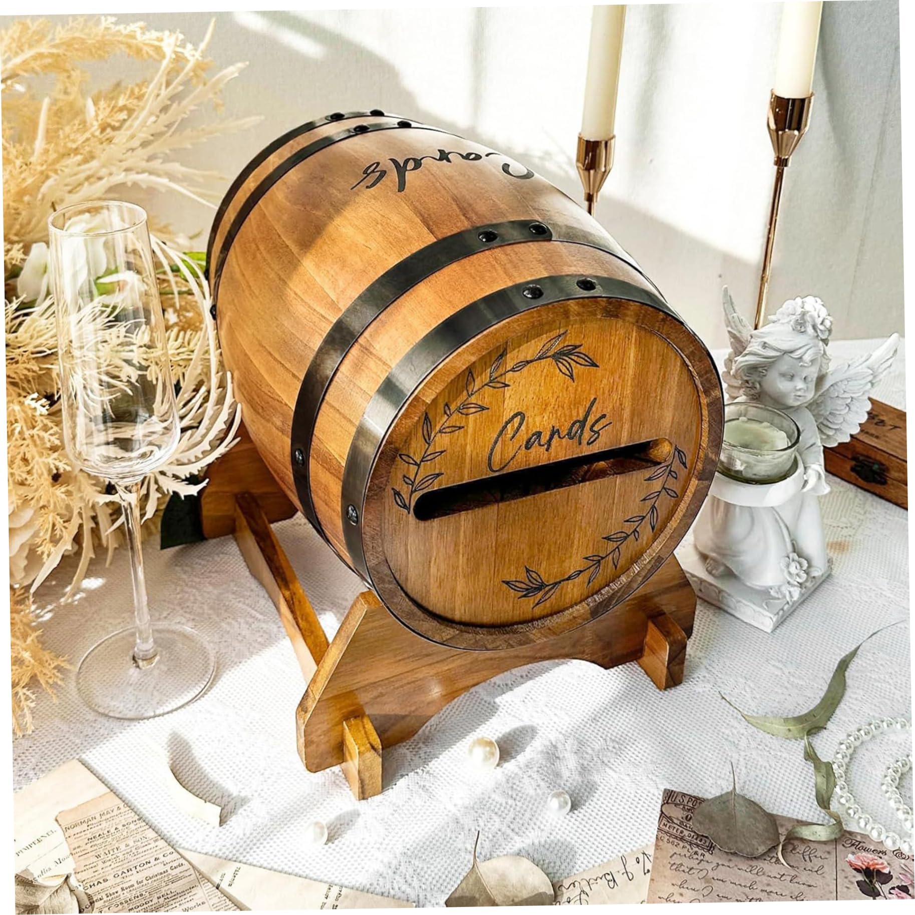 Scatola per biglietti di matrimonio, rustica in legno, marrone, 10 pollici | Forma rustica di botte di whisky, contiene oltre 150 carte, ideale per matrimoni e feste