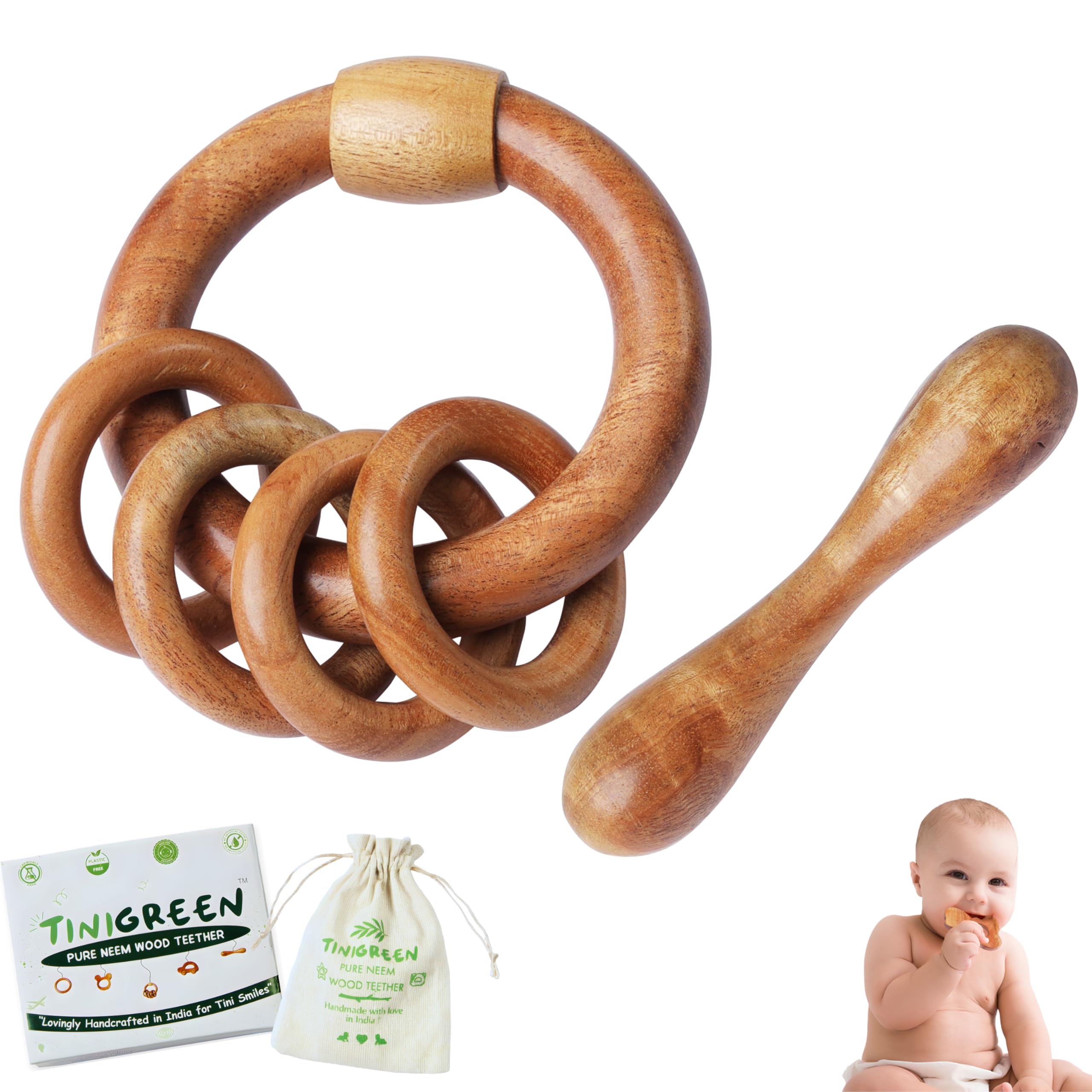 TINIGREEN One Rattle One Dumbbell Shaped Organic Neem Wood Teether Combo for Baby (Pack of 2)-image-4