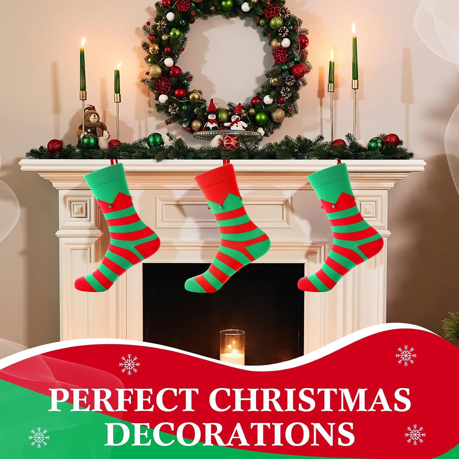 Chuarry 12 Pairs Christmas Elf Socks with Bells Red and Green Striped Crew Socks Holiday Sock for Men and Women Xmas Supplies