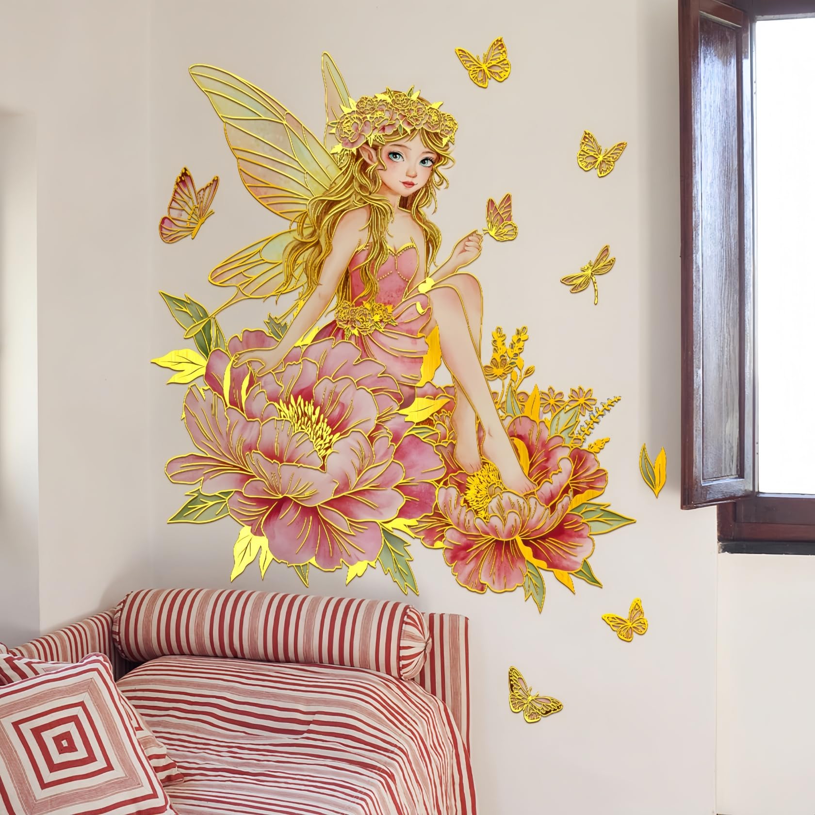 Lekabee Golden Flower Fairy Wall Stickers, Floral Butterfly Wall Decal, Girls Bedroom Baby Nursery Kids Room Wall Decor (Style_A) - Image 2