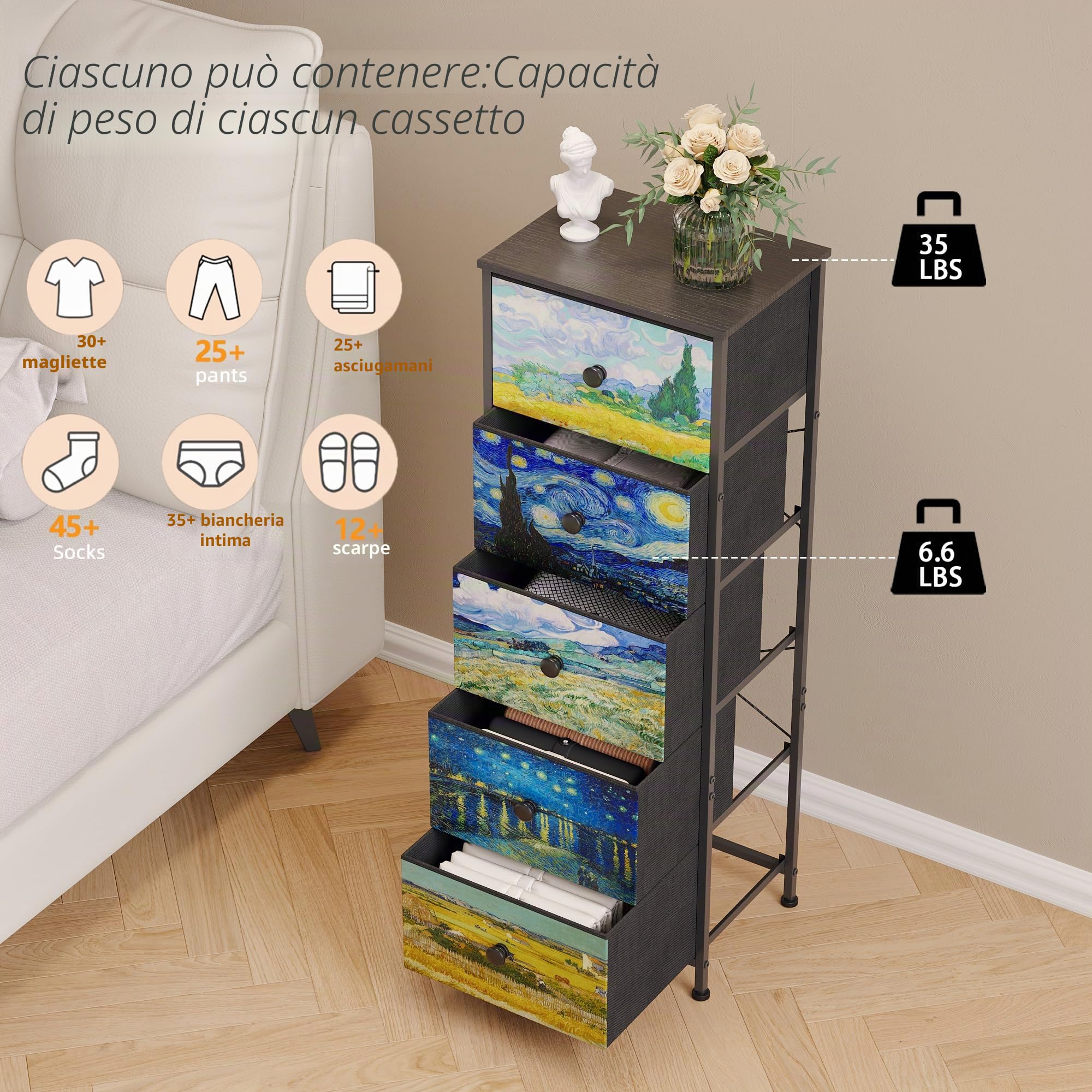 Cassettiera con cassetti in tessuto, stile Van-Gogh, sottile, per camera da letto, armadio, corridoio, soggiorno, cameretta (5 cassetti)