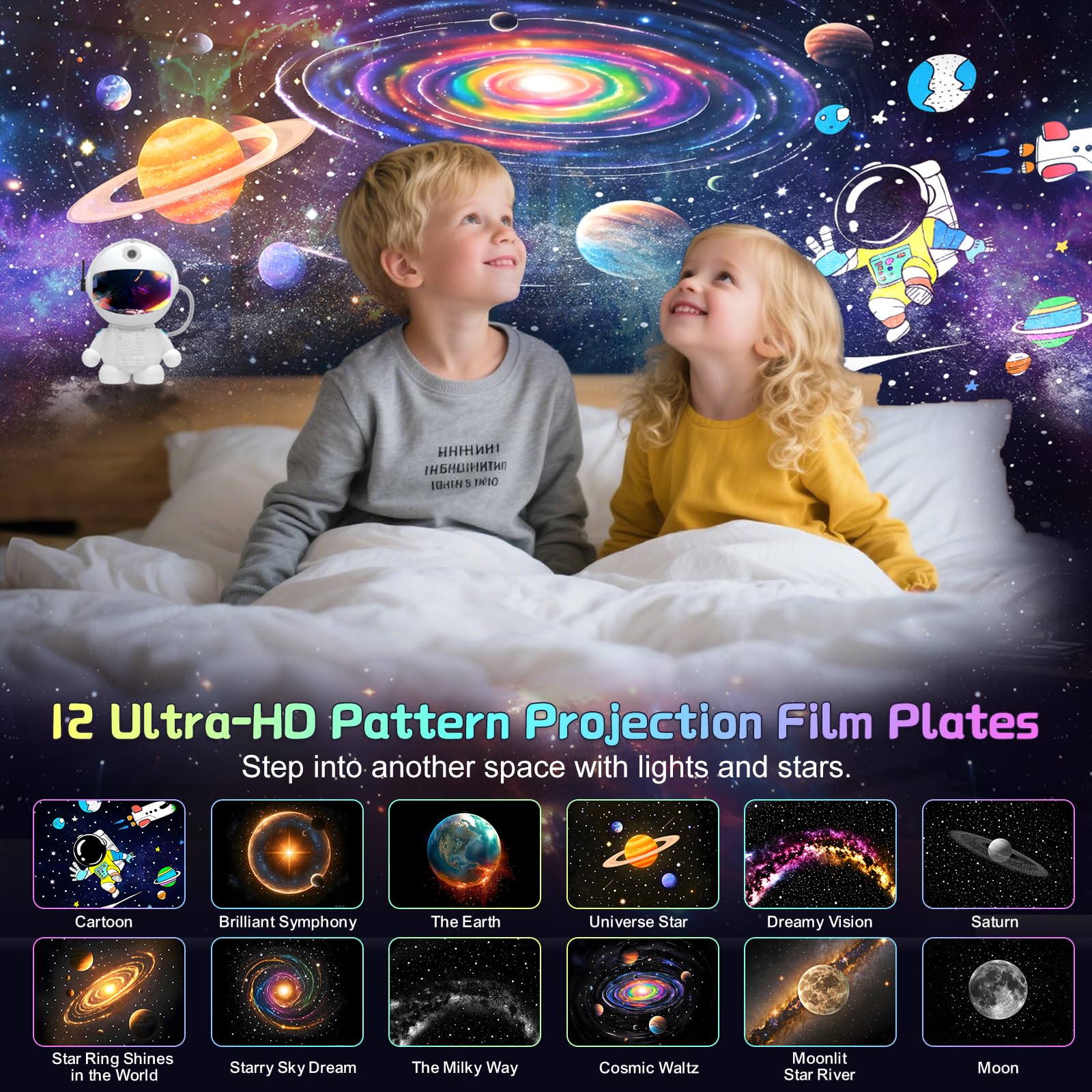 SHJQJJLBCQ Proiettore Luce Notturna Galassia Spaziale Astronauta Ultra HD 12 Dischi Film Display LED Luminosità Regolabile