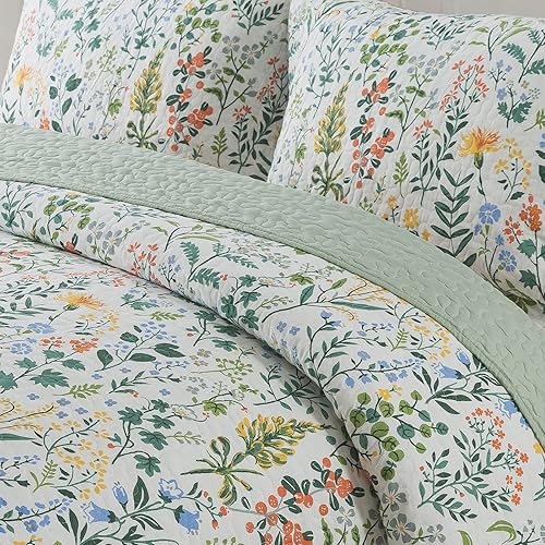 Miniatura 3 de NEWLAKE Juego de colcha de algodón, juego de colcha reversible de retazos, patrón floral clásico verde, tamaño Queen