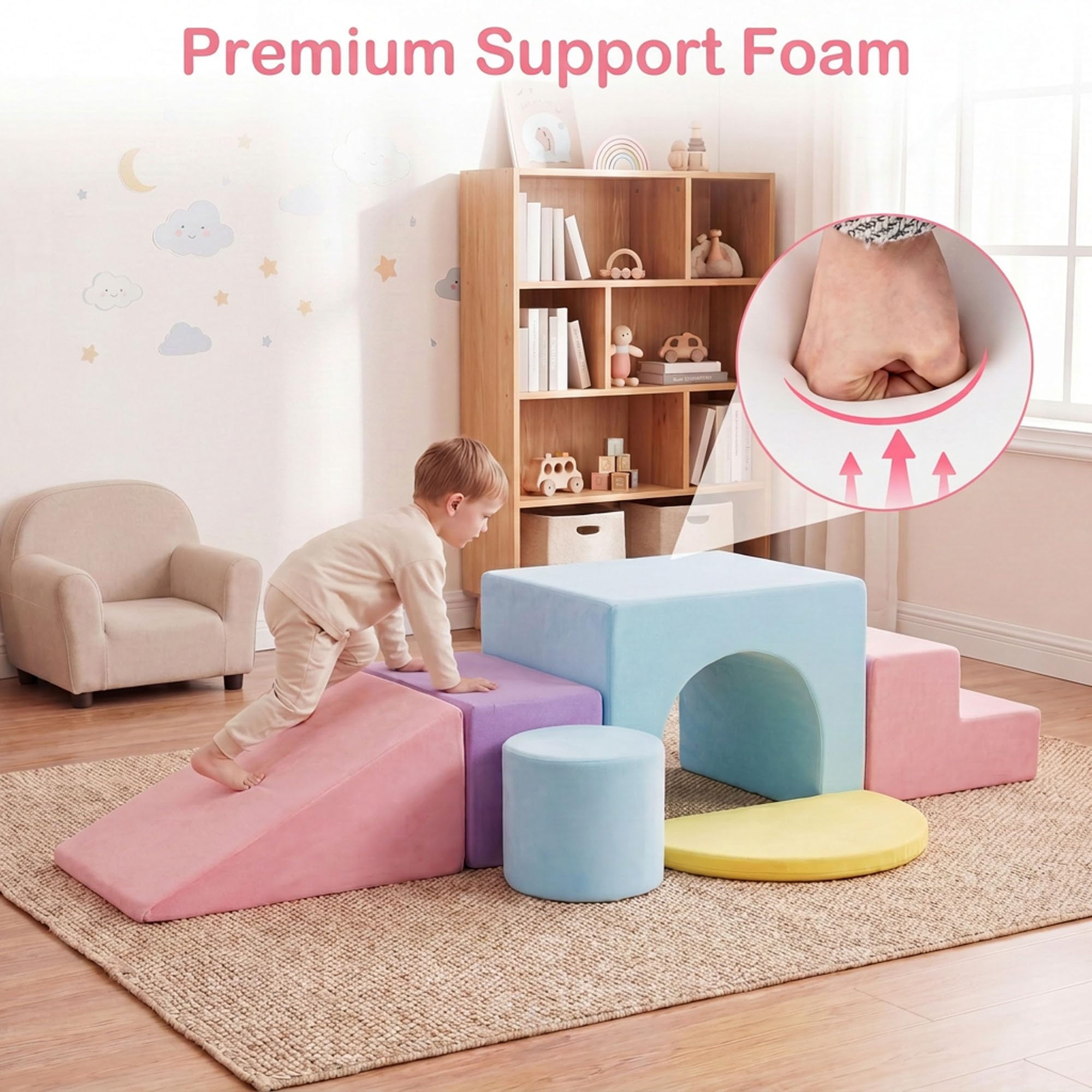 LIFEZEAL 6 Blocchi Morbidi per Bambini 3+ Anni, Costruzini Lavabili con Arrampicata, Scivolo e Scaletta, Mattoncini in Schiuma a Diverse Forme, Giochi Sensoriali per Cameretta e Asilo (Rosa)