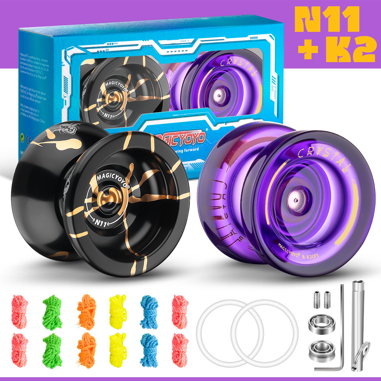 YOSTAR Yoyos Pack, plastica Responsive JoJo K2 cristallo viola, metallo Unresponsive JoJo N11 nero oro, Dual Purpose Yoyo per bambini principianti, Trick Yo yo con cuscinetti lisci
