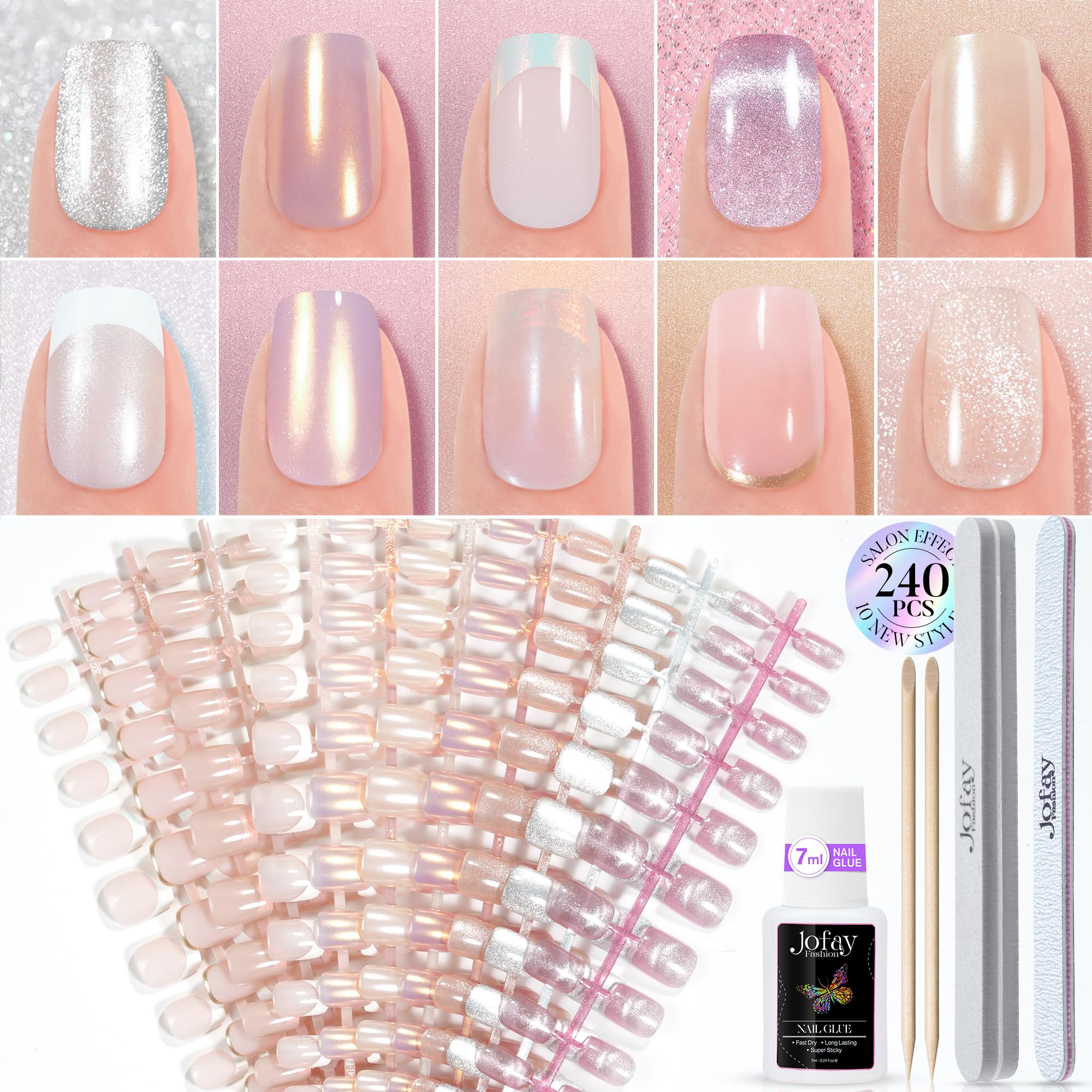 Press on Nails Short 10 Styles, Jofay Fashion 240Pcs Salon-Like Fake Nails with Cat Eye & French Tip Press on Nails Designs, Artificial Acrylic Gel