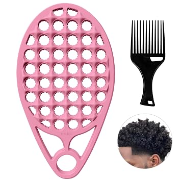 KOUPA Silicone Afro Twist Brush with Pick Comb - Easy Clean Dual-Sided Design with Textured Holes for Defined Afro Curls, Suitable for Coily Hair Men & Women, Pink