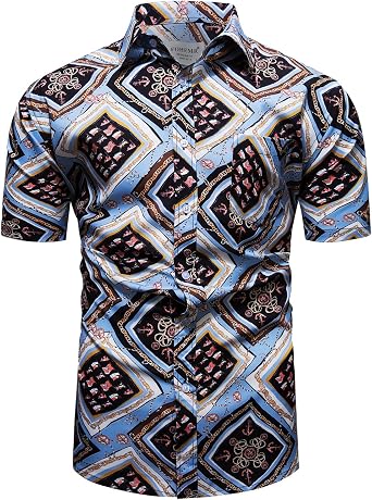 fohemr Mens Baroque Printed Shirt Short Sleeve Button Down Luxury Shirt