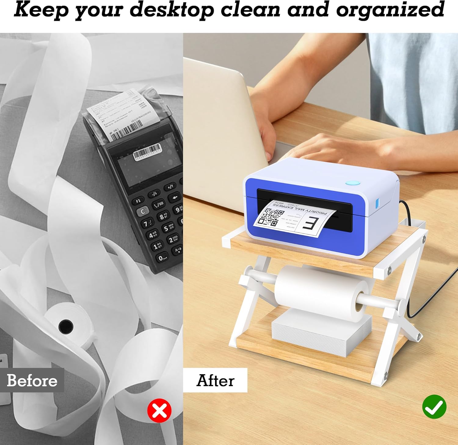 Alyoen Label Holder for Rolls and Fan-Fold Labels, Thermal Shipping Label Holder for Thermal Printer, Desktop Label Printer Accessory Supplies for Home, Office, Small Business (Beige + White) - Image 4