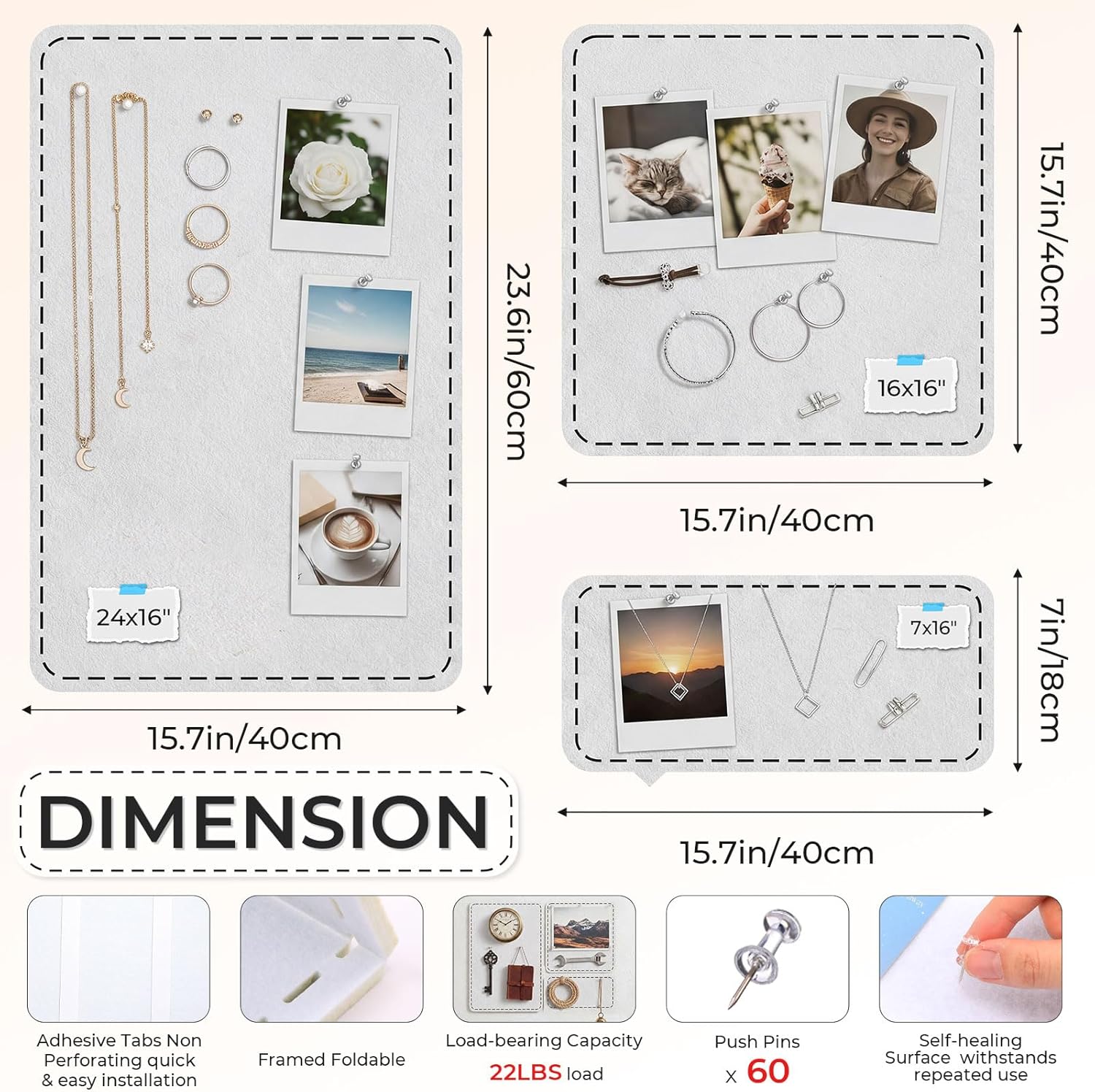 3 Pack Large Felt Bulletin Boards for Wall 24" x 16" Frameless Picture Vision Board for Office 16"/7"x 16" Alternative Cork Board with 60 Push Pins for Home, Classroom Pin Boards(White)