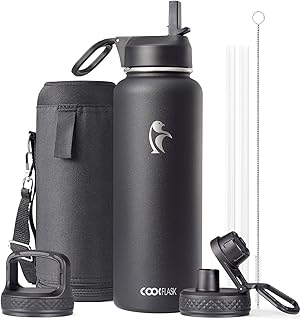 Water Bottle 40 oz 1180ml Insulated with Straw&Brush, Coolflask Vaccum Stainless Steel Metal 3 Lids Water Flask for Sport...