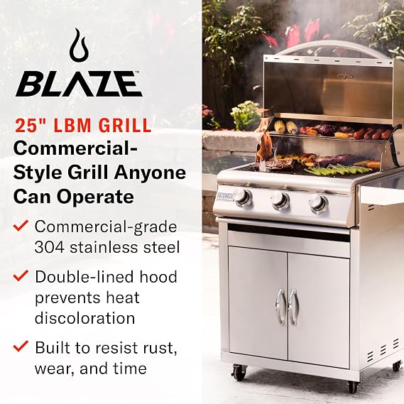 Blaze Outdoor Kitchen Grill | 25- inch Built-in Propane Gas Grill | 3 Burner Barbecue | Premium BBQ | Commercial Grade Grilling Experience | Best in Class | Prelude LBM BLZ-3LBM-LP