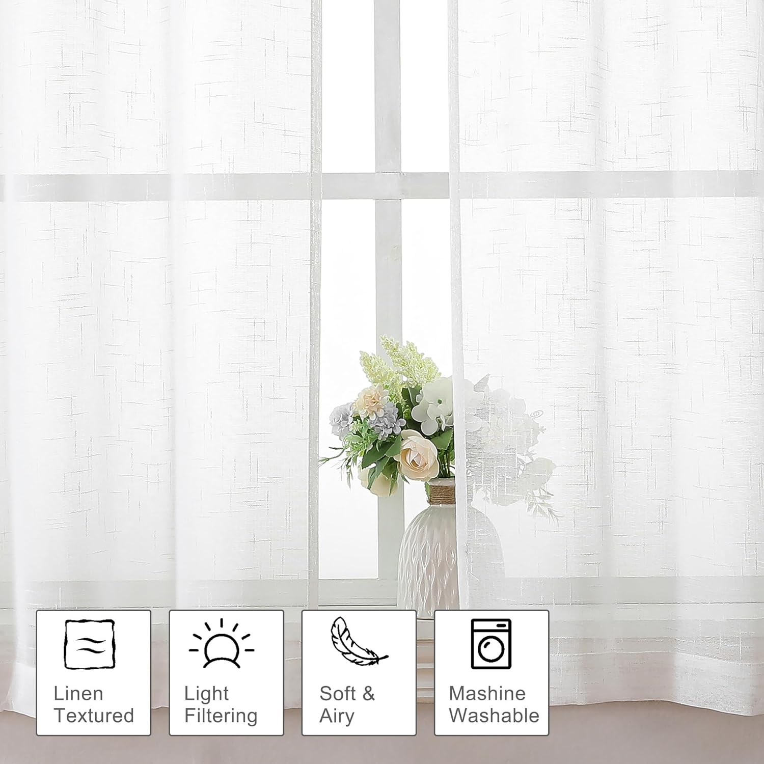 Aiyufeng Kirei Linen White Sheer Curtains - 2 Pieces, Elegant, Natural Light Flow, Rich Quality Material, Highly Durable Window Curtain Panels for Bedroom/Living Room (40" W x 63" L, Pure White) 40"W x 63"L (Pack of 2) White-texture