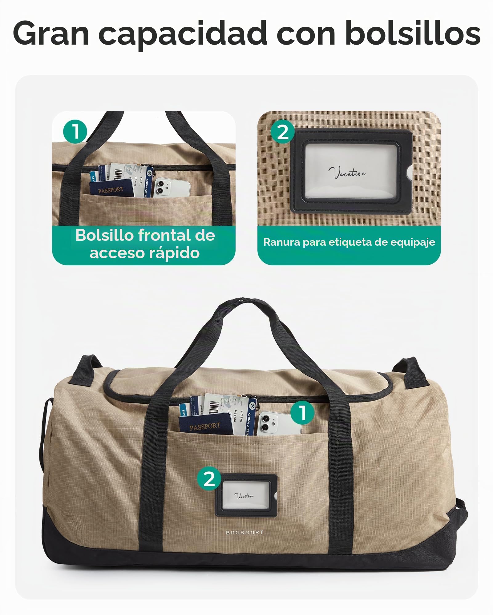 BAGSMART Bolsa de viaje plegable con ruedas, 80 L, ligera, bolsa de deporte con 3 ruedas, bolsa de viaje grande para hombre y mujer, se puede enrollar y almacenar, Negro