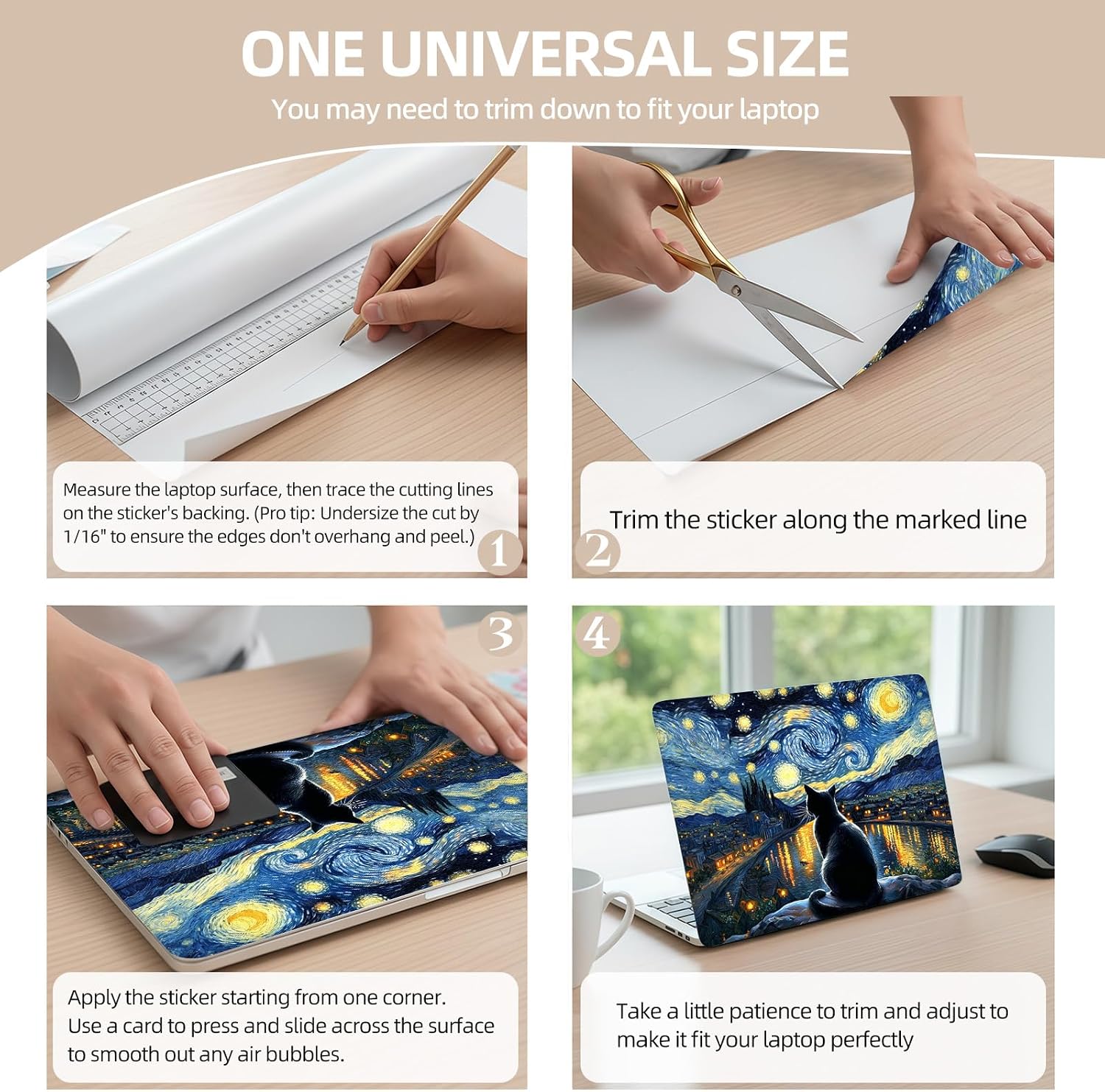 Universal Laptop Skin Sticker for 12/13/14/15.6 Inch Laptops, Reusable Vinyl Laptop Decal Protective Cover, Waterproof Scratch Resistant Notebook Skin with 2 Wrist Pads,Starry Night Black Cat image 3
