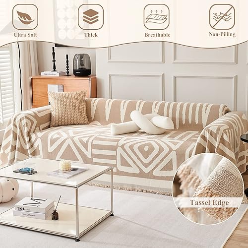 Miniatura 3 de EAVD Fundas bohemias para sofá de 2 cojines, funda de sofá caqui de 71 x 118 pulgadas, funda de sofá modular, patrón geométrico, triángulo, a