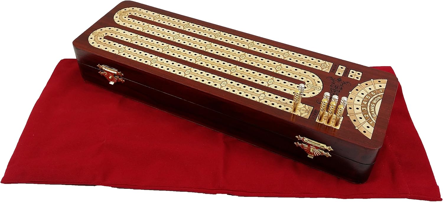 12 1/2" 2 Track Continuous Cribbage Board W/Card Storage Maple Tracks on Bloodwood Corner & Games Won
