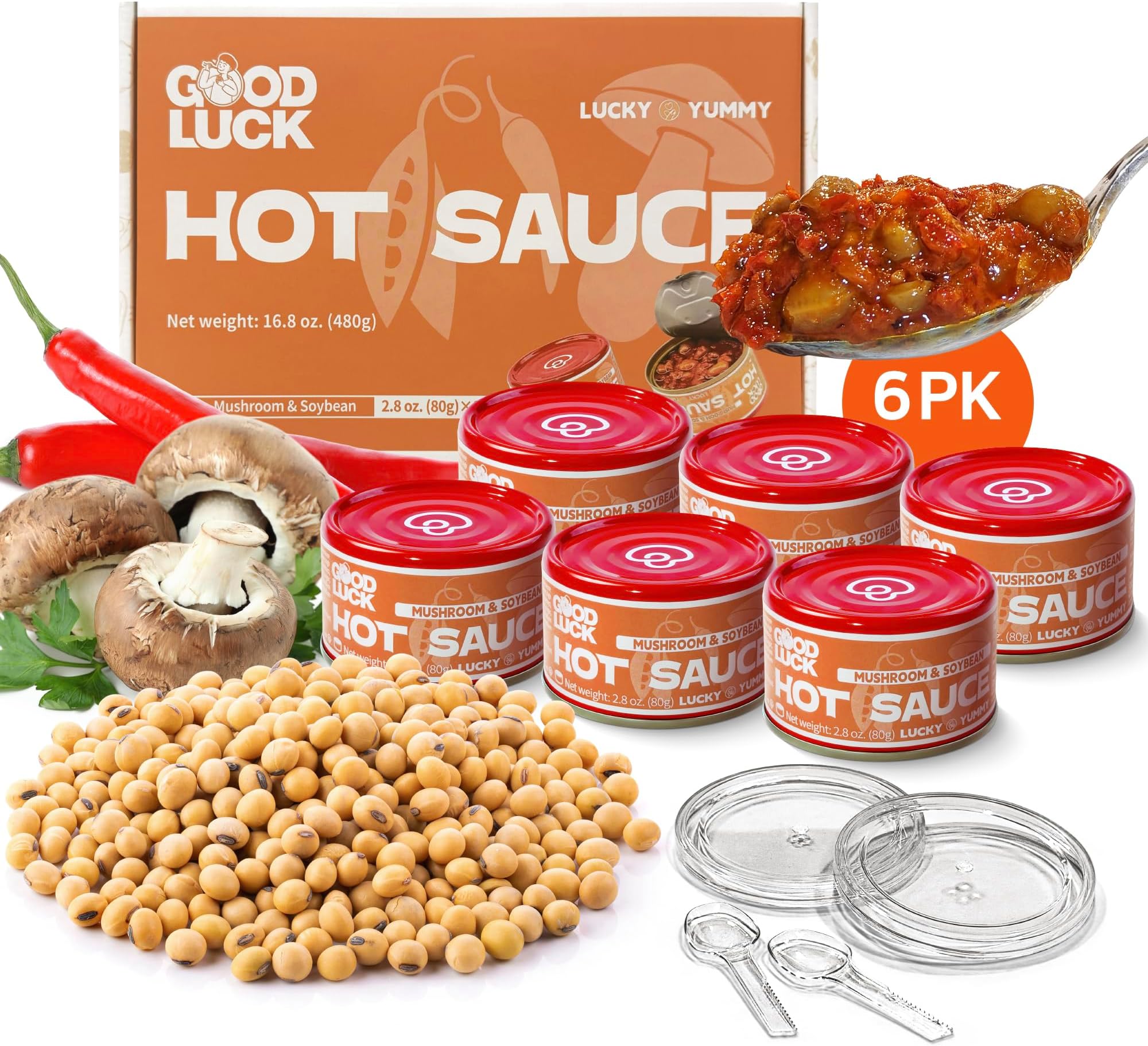 GOOD LUCK Mushroom & Soybean Hot Sauce, Spicy Chili Oil & Paste with High-Grade Mushroom, Extra Soybean & Chili, Pack of 6 โ Vegan, Low Calorie, Chunky Texture, Sichuan Flavor, Reusable Lid