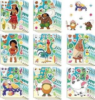 24Sheets Moana Make-a-face Stickers Pack, Mixed & Matched with 8 Designed Characters(3 of Each), Make Your Own Stickers for Teens Party Decoration, Reward, Decor, Gift Idea (monanmovie)