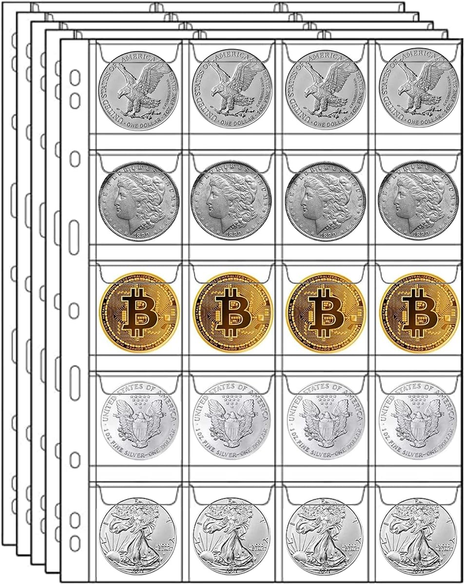 MUQING 400 Pockets Coin Collecting Supplies, 20 Sheets Coin Pages Sleeves | Coin Collectors for 3 and 4 Ring Binder, Coin Plastic Sheets for Album(20 Pocket)