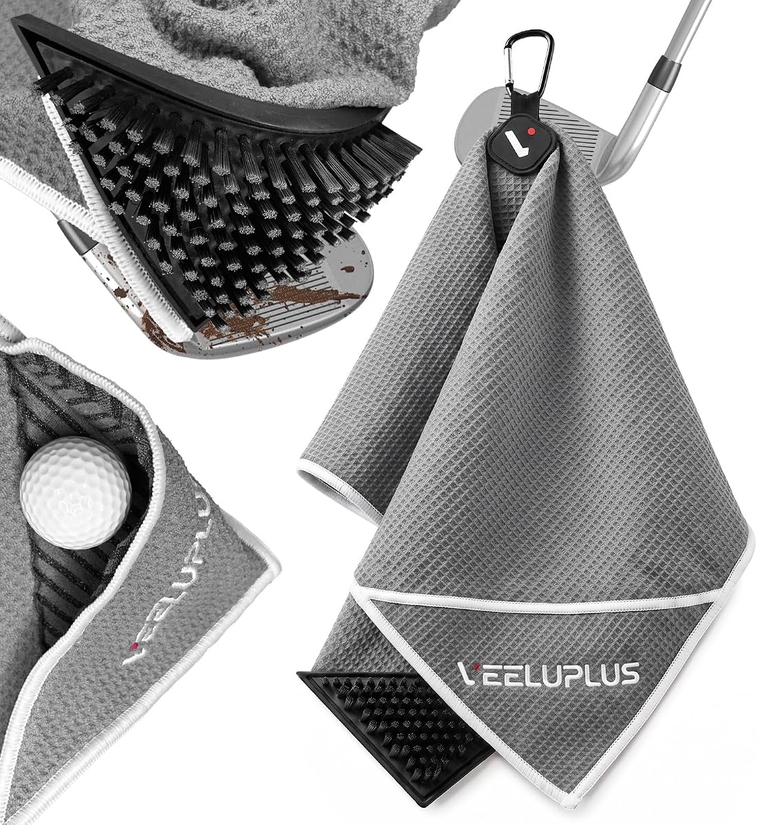 Toalla de golf magnética 4 en 1 con cepillo y bolsillo de limpieza, limpiador de pelotas de club de microfibra tipo gofre ultra absorbente, accesorios de golf de 15.7" x 23.6" y regalos para hombres y mujeres (gris)
