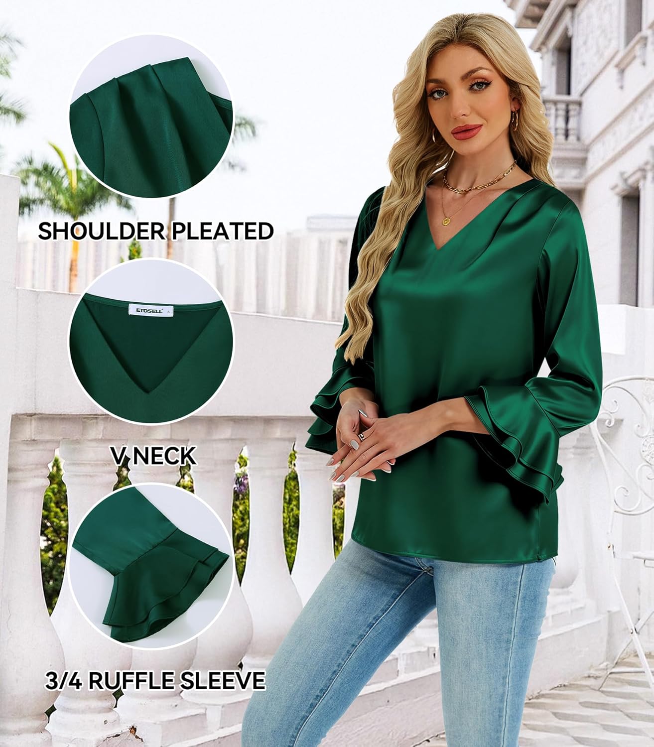Womens Satin Silk Blouses 3/4 Sleeves Ruffle Shirts Dressy Business Casual Tops V Neck Pleated Elegant Work Office Wear - Image 5