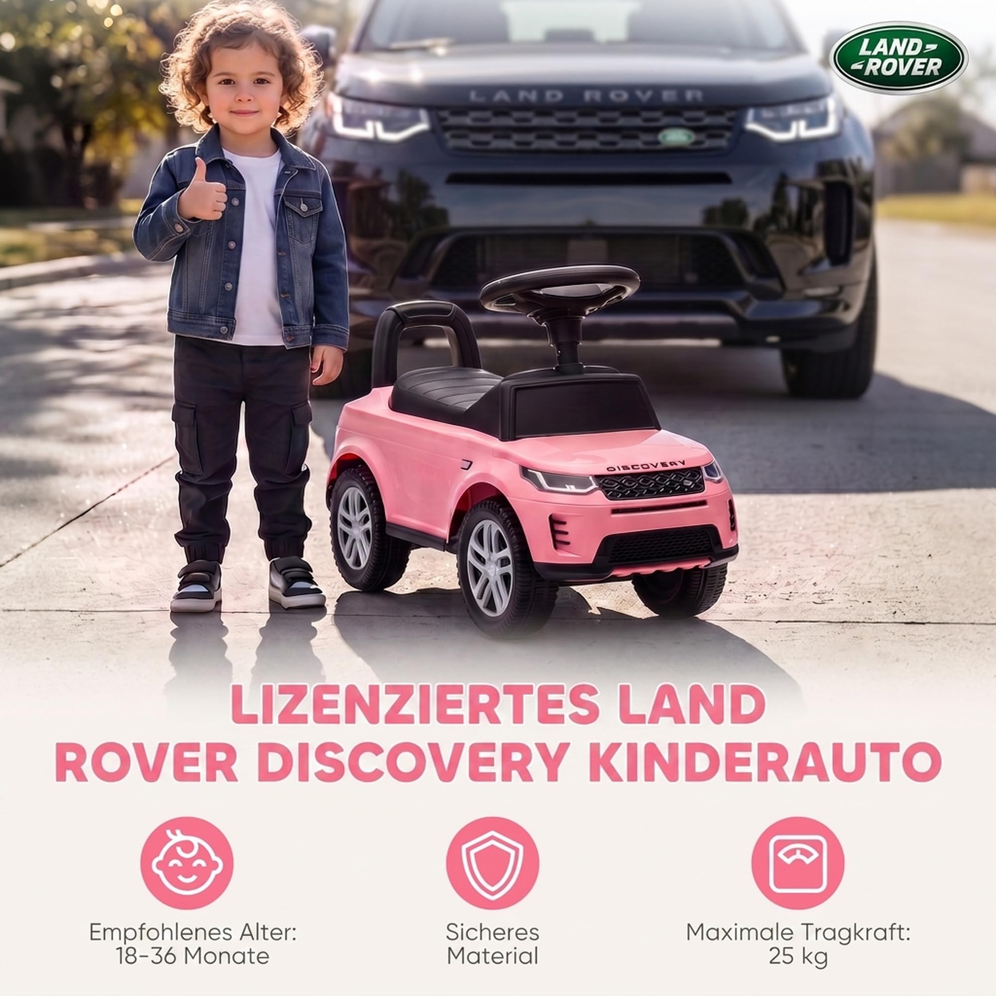 AIYAPLAY Land Rover Discovery Rutschauto mit Hupe, 18-36 Monate, Rosa